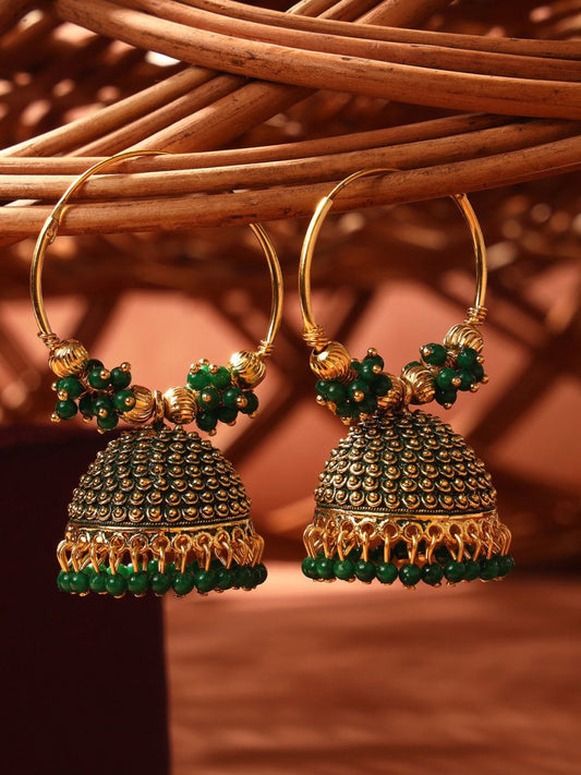 Anikas Creation Green & Gold-Toned Contemporary Jhumkas Earrings | Swadesiicart