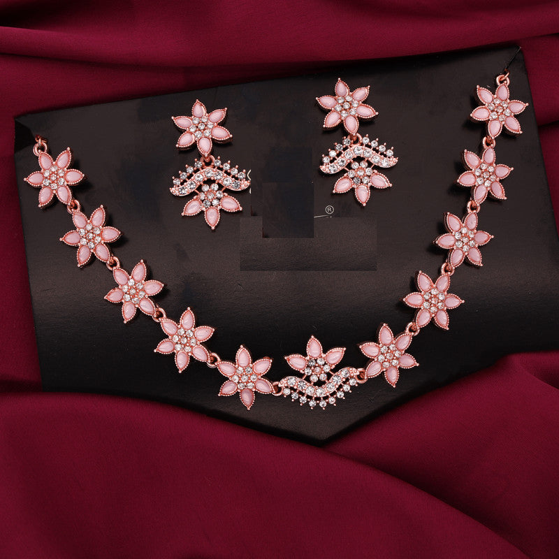 Tehzeeb Creations Baby Pink Colour Star Design Stone Studded Necklace With Earrings - Swadesiicart