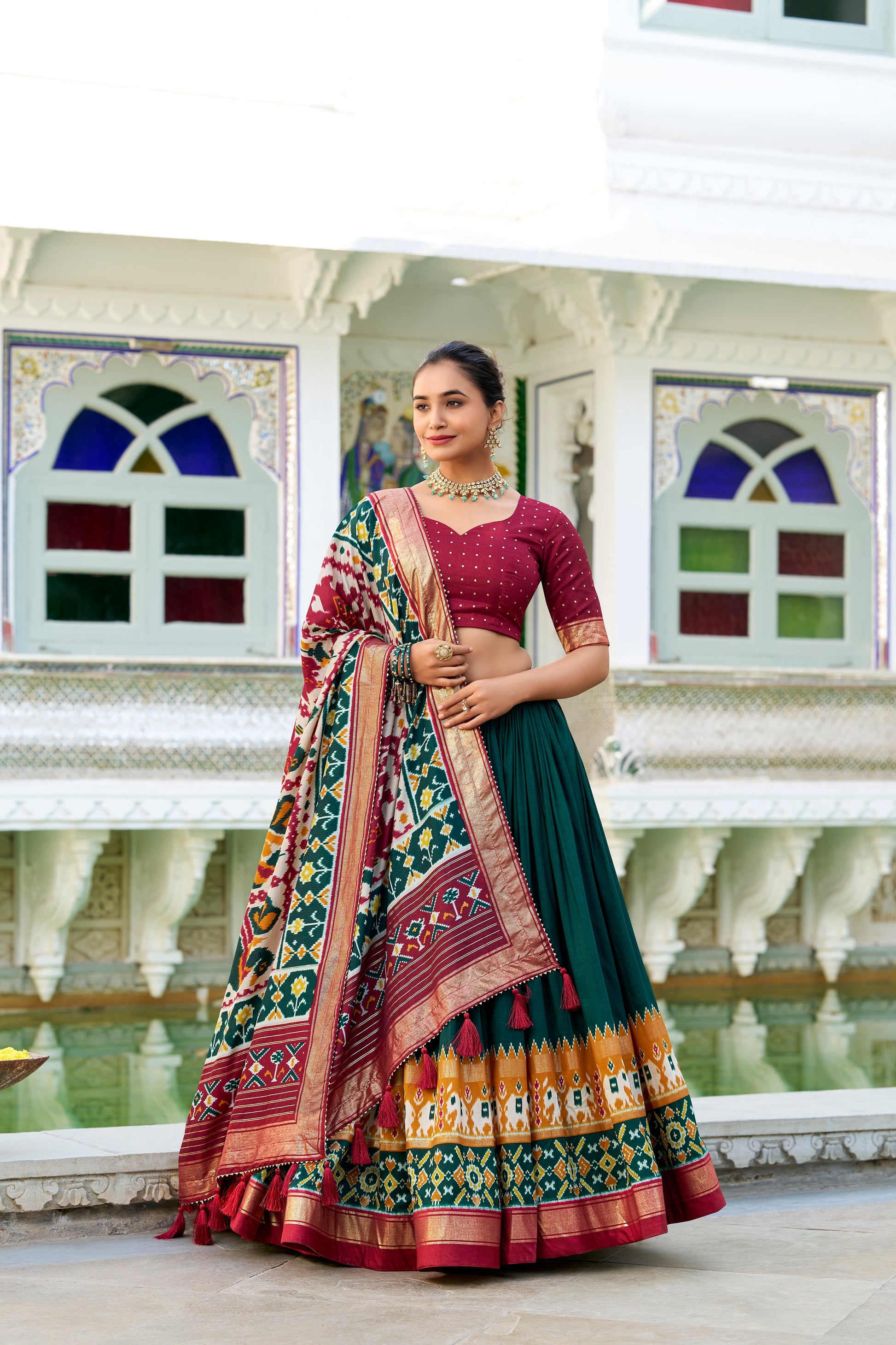Lorenvalley Green Tussar Silk Patola Print With foil work Lehenga Choli | Swadesiicart