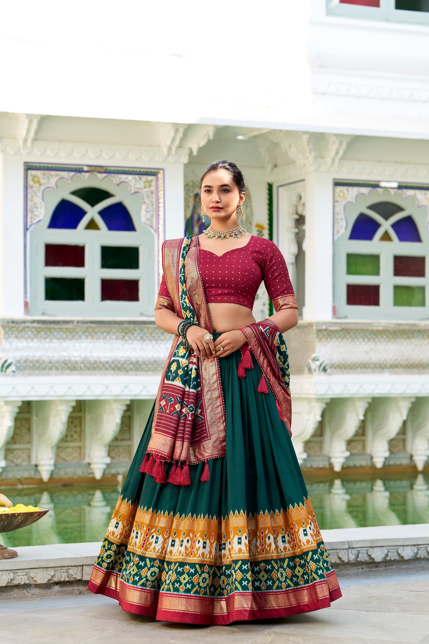 Lorenvalley Green Tussar Silk Patola Print With foil work Lehenga Choli | Swadesiicart