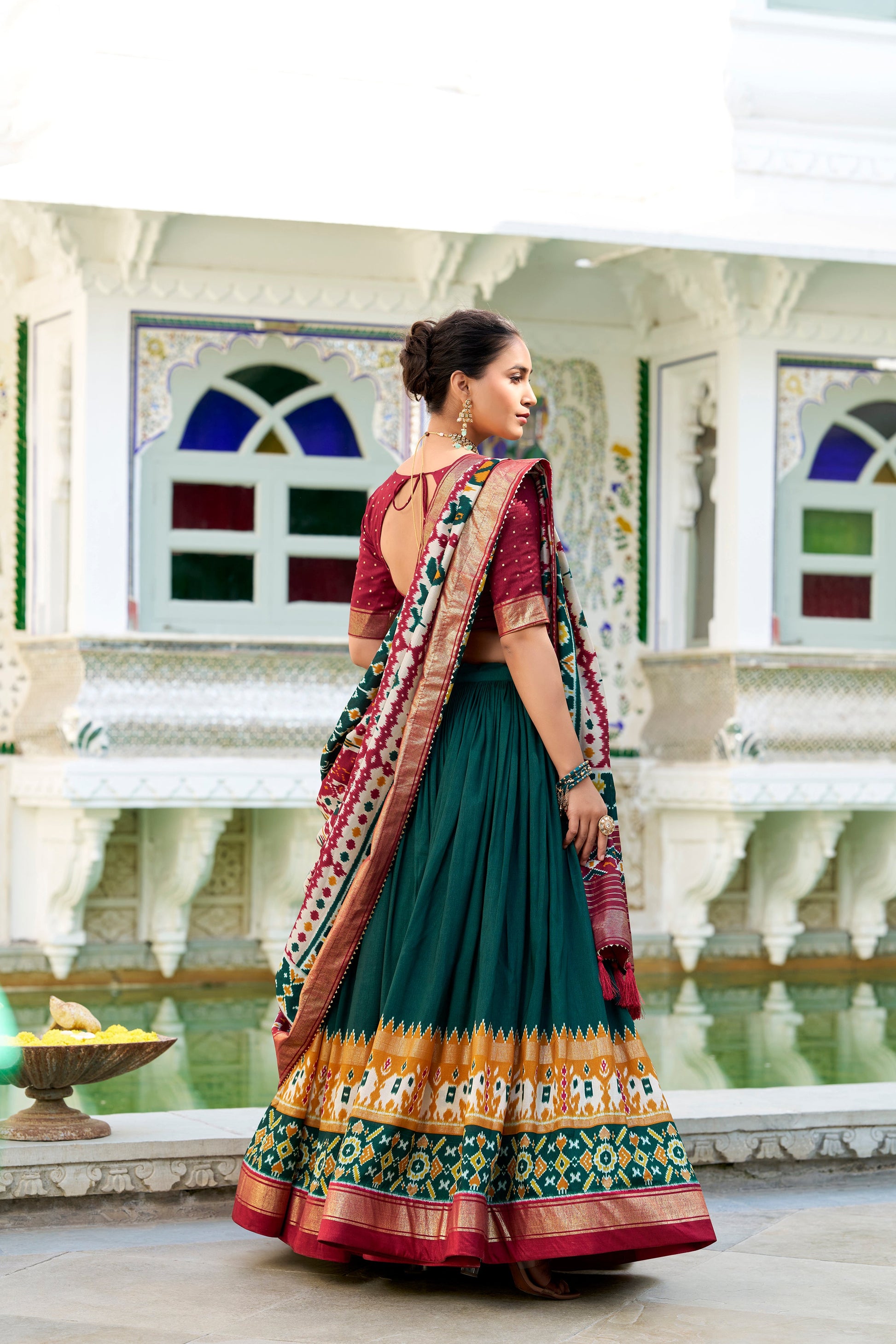 Lorenvalley Green Tussar Silk Patola Print With foil work Lehenga Choli | Swadesiicart