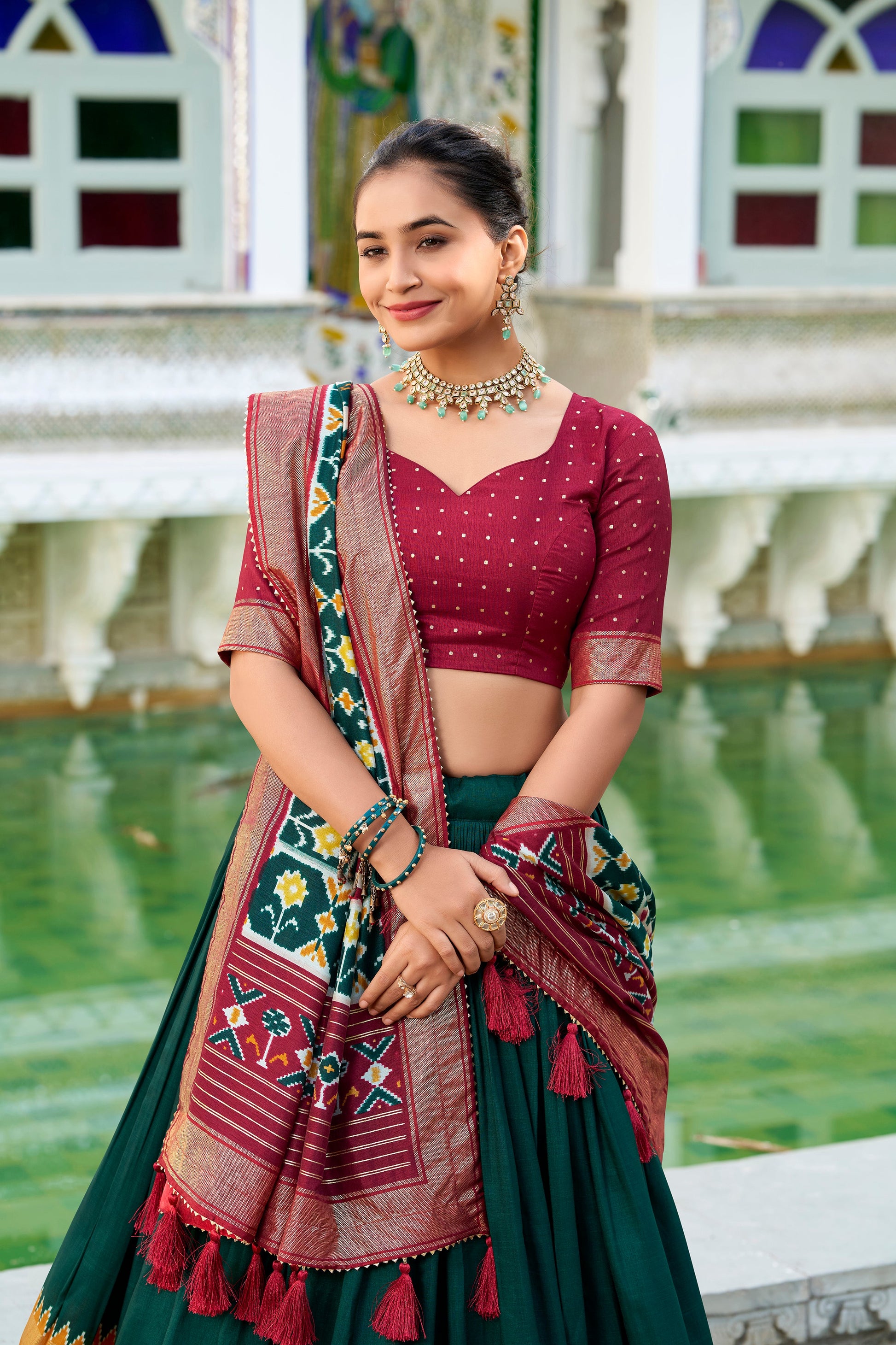 Lorenvalley Green Tussar Silk Patola Print With foil work Lehenga Choli | Swadesiicart