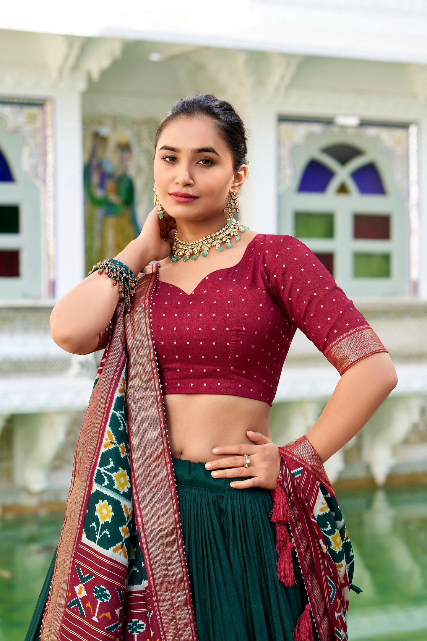 Lorenvalley Green Tussar Silk Patola Print With foil work Lehenga Choli | Swadesiicart