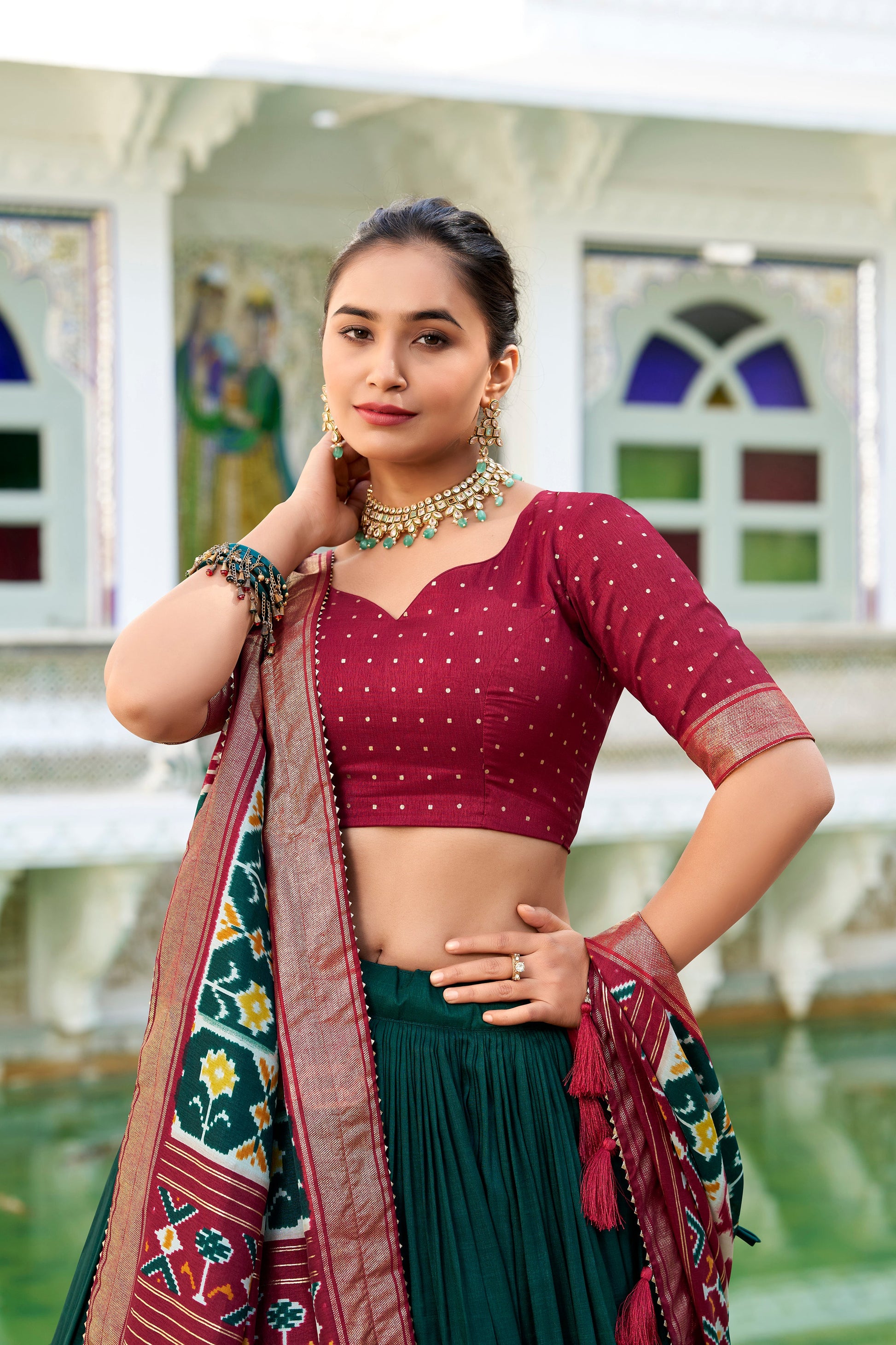 Lorenvalley Green Tussar Silk Patola Print With foil work Lehenga Choli | Swadesiicart