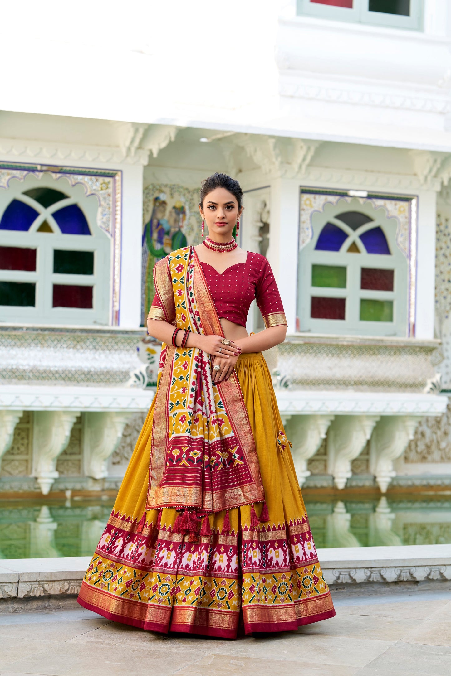 Lorenvalley Mustard Tussar Silk Patola Print With foil work Lehenga Choli | Swadesiicart