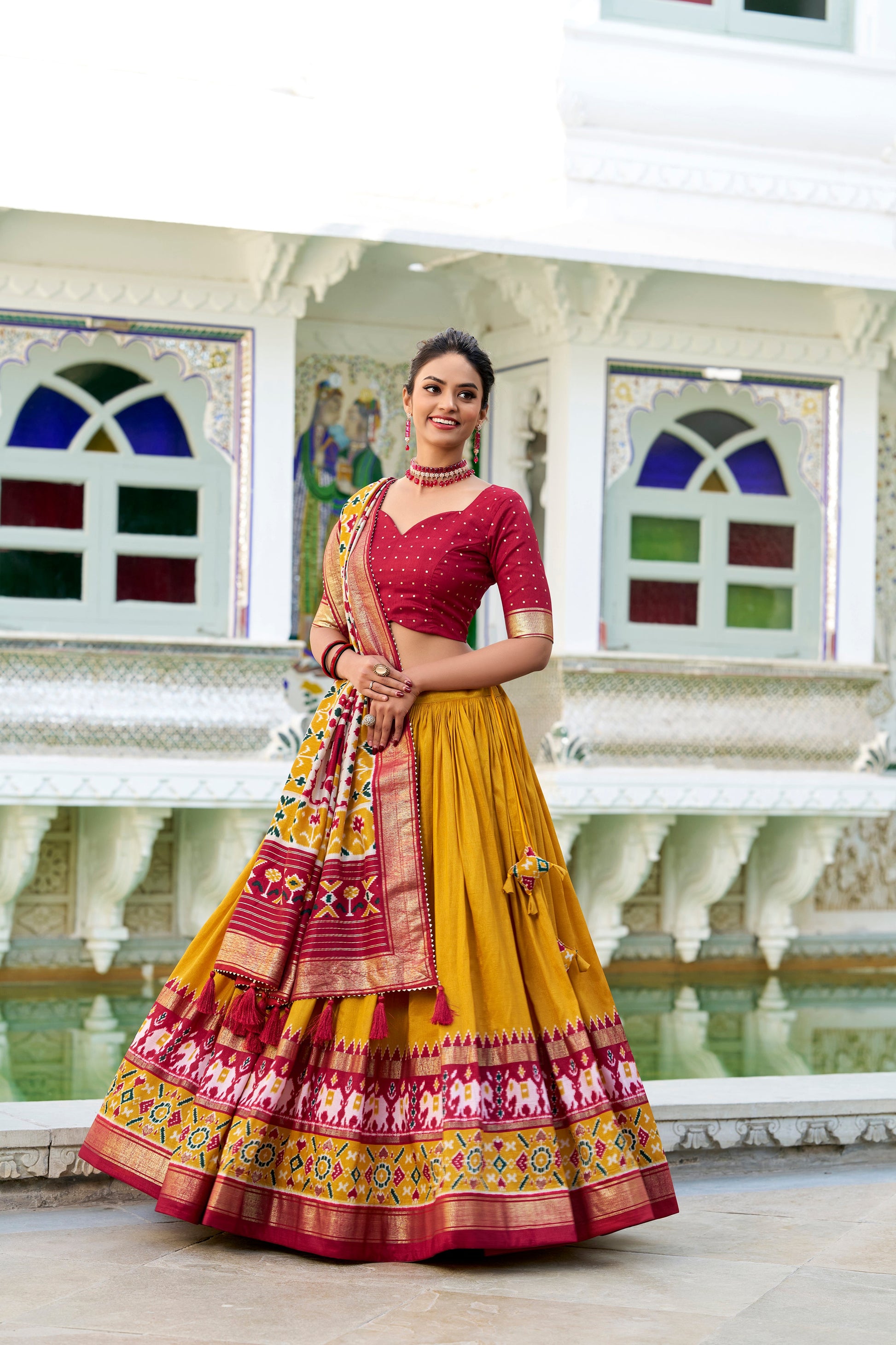 Lorenvalley Mustard Tussar Silk Patola Print With foil work Lehenga Choli | Swadesiicart