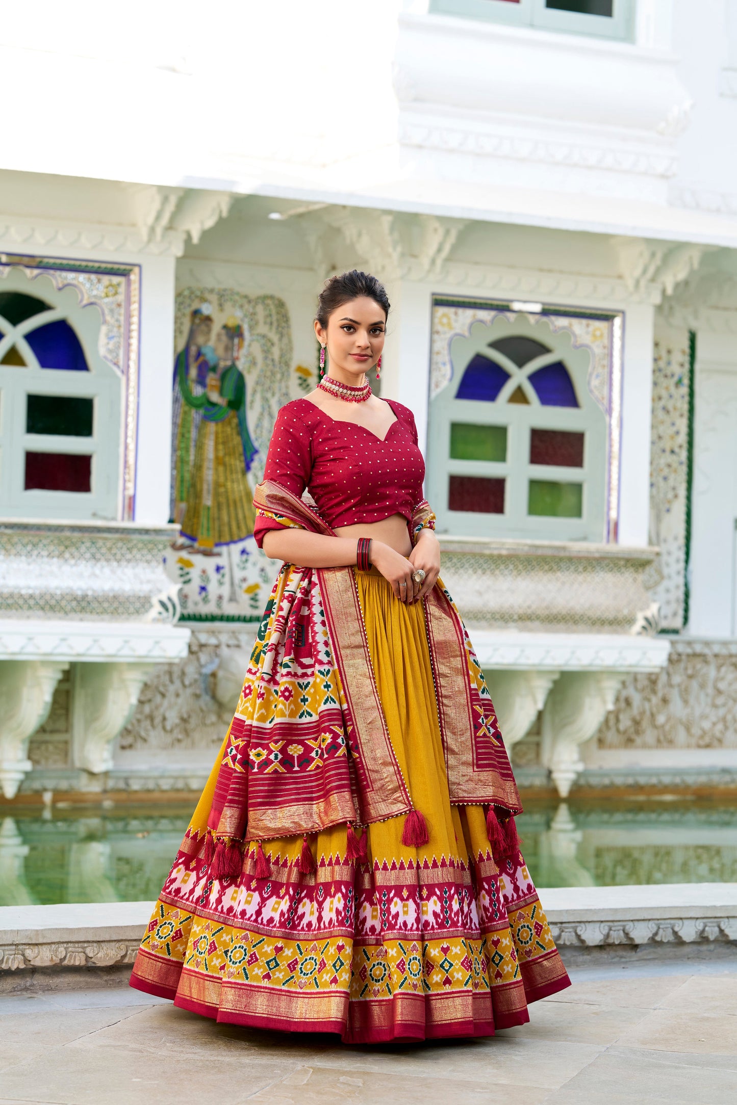 Lorenvalley Mustard Tussar Silk Patola Print With foil work Lehenga Choli | Swadesiicart