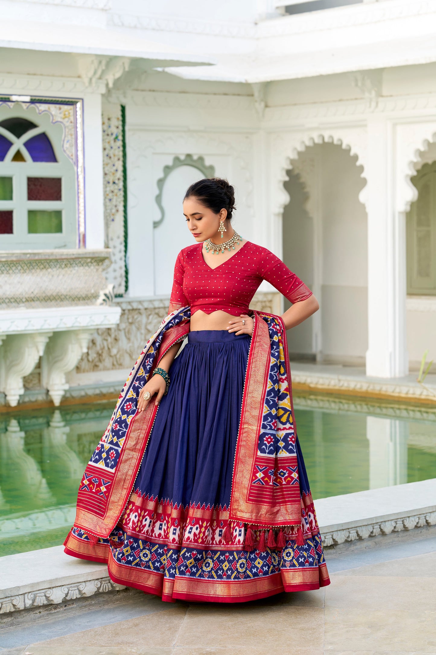 Lorenvalley Navyblue Tussar Silk Patola Print With foil work Lehenga Choli | Swadesiicart