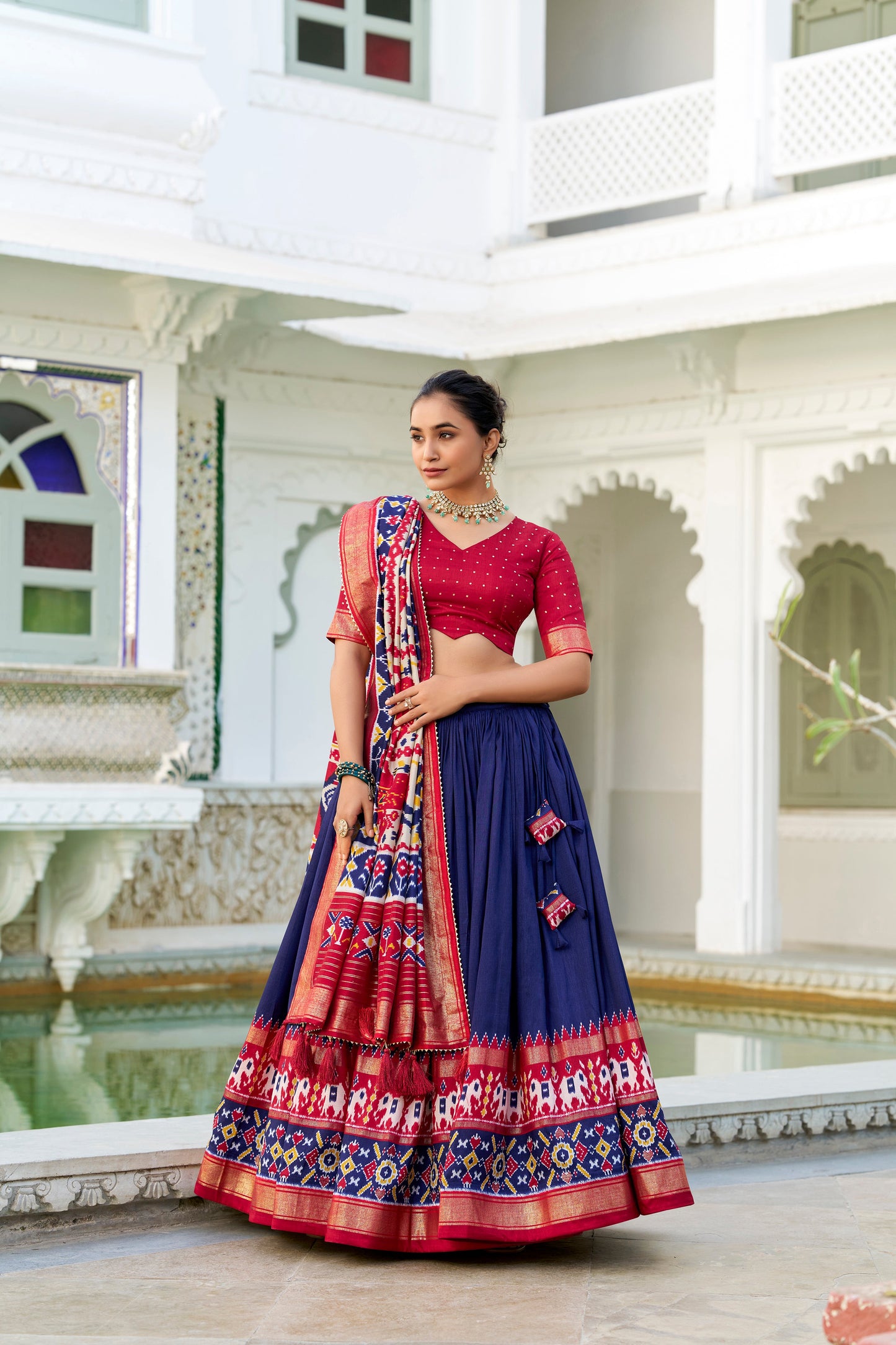 Lorenvalley Navyblue Tussar Silk Patola Print With foil work Lehenga Choli | Swadesiicart