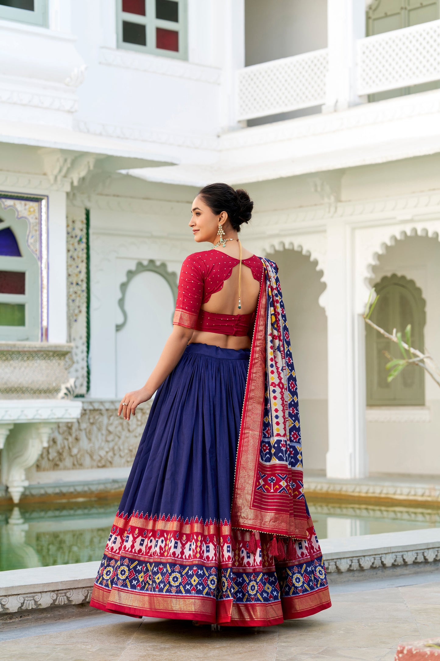 Lorenvalley Navyblue Tussar Silk Patola Print With foil work Lehenga Choli | Swadesiicart