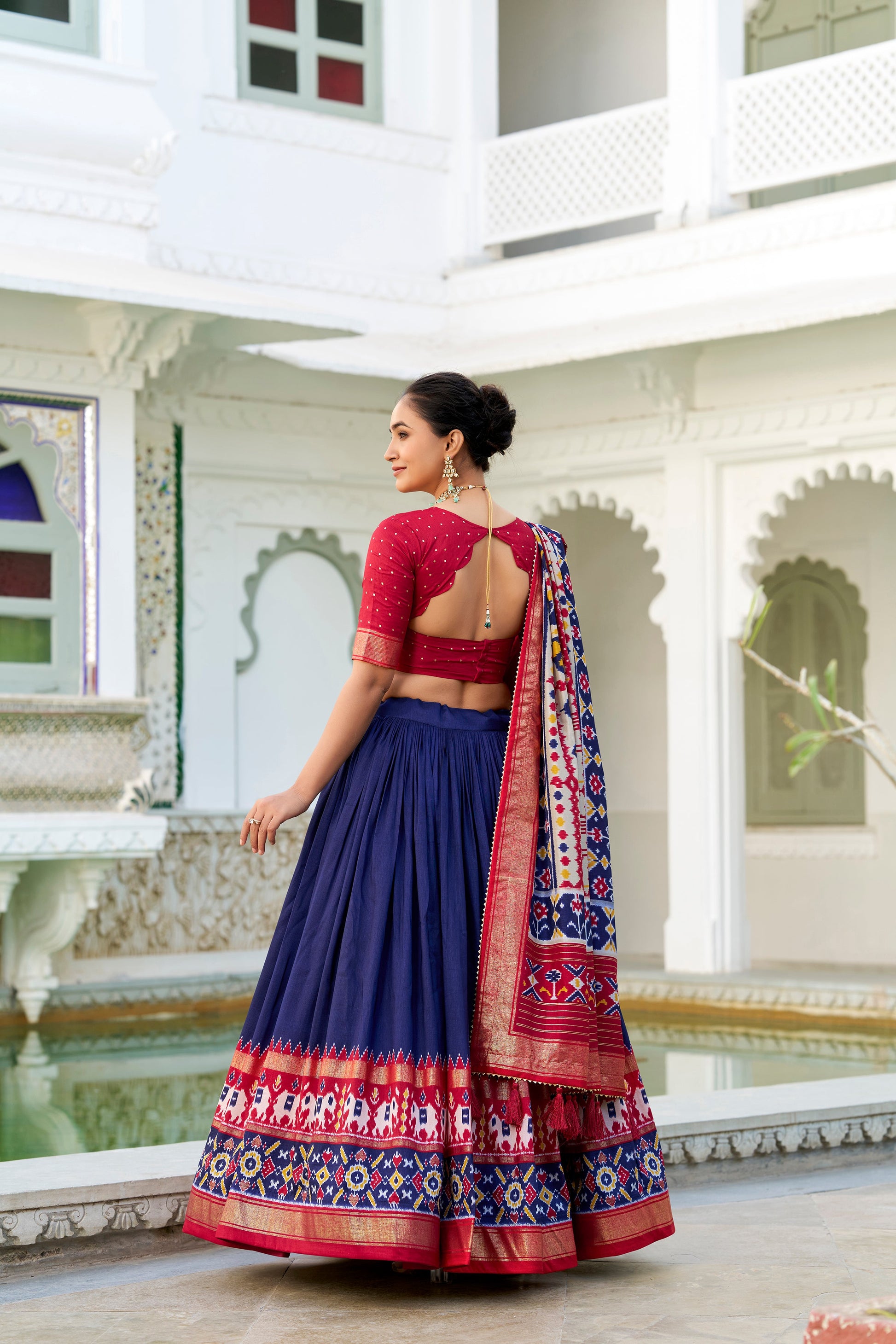 Lorenvalley Navyblue Tussar Silk Patola Print With foil work Lehenga Choli | Swadesiicart