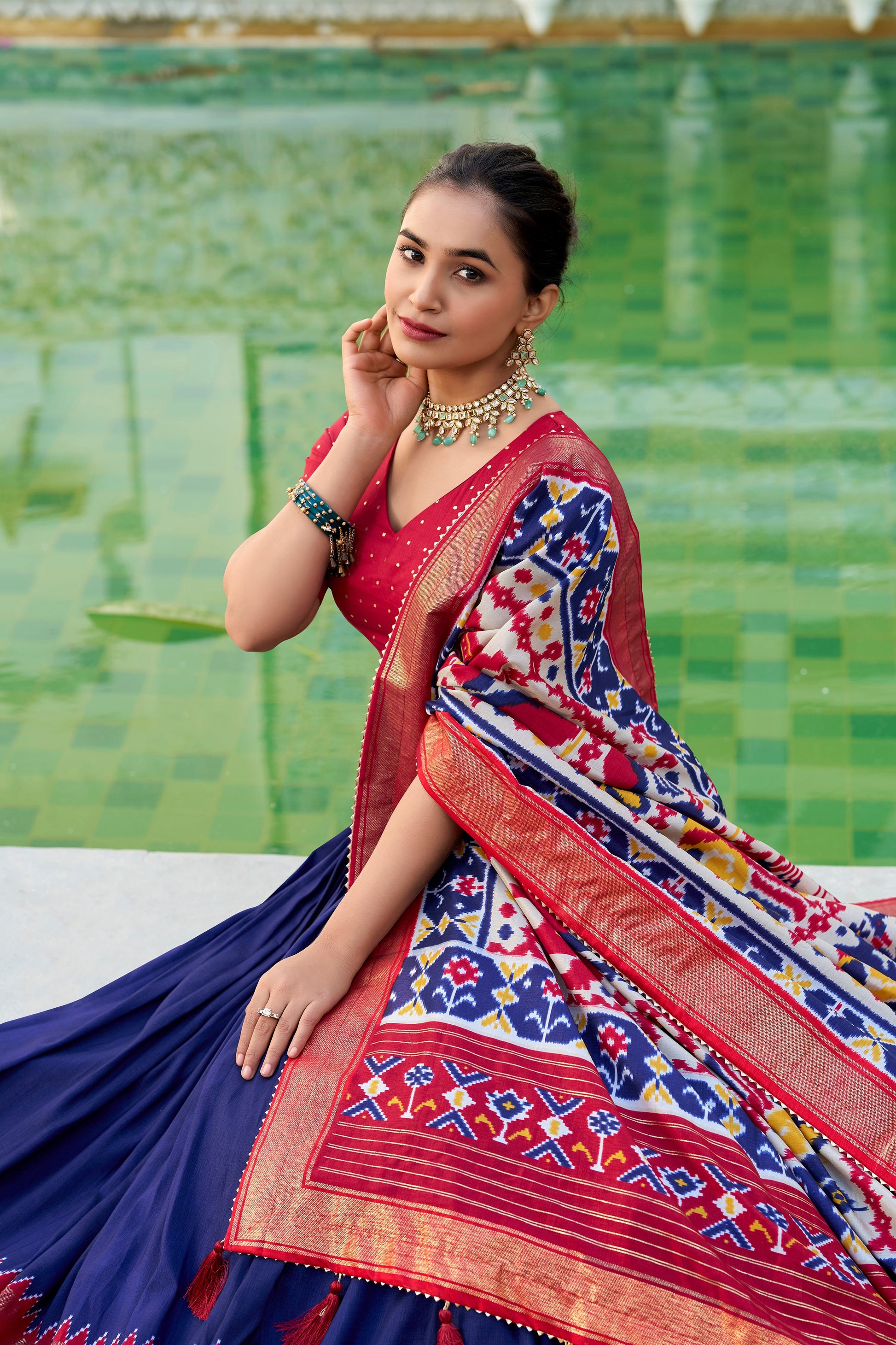 Lorenvalley Navyblue Tussar Silk Patola Print With foil work Lehenga Choli | Swadesiicart