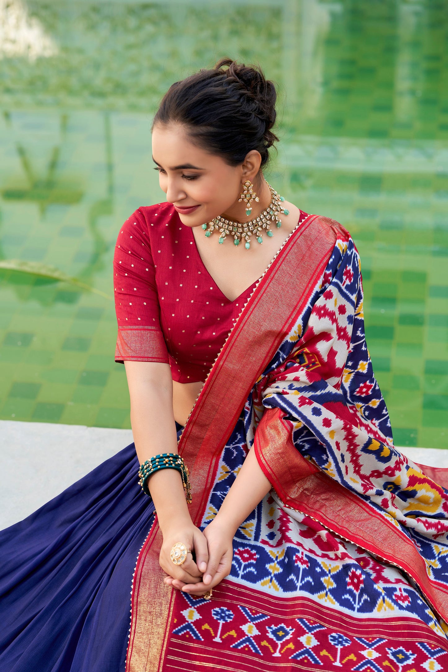 Lorenvalley Navyblue Tussar Silk Patola Print With foil work Lehenga Choli | Swadesiicart