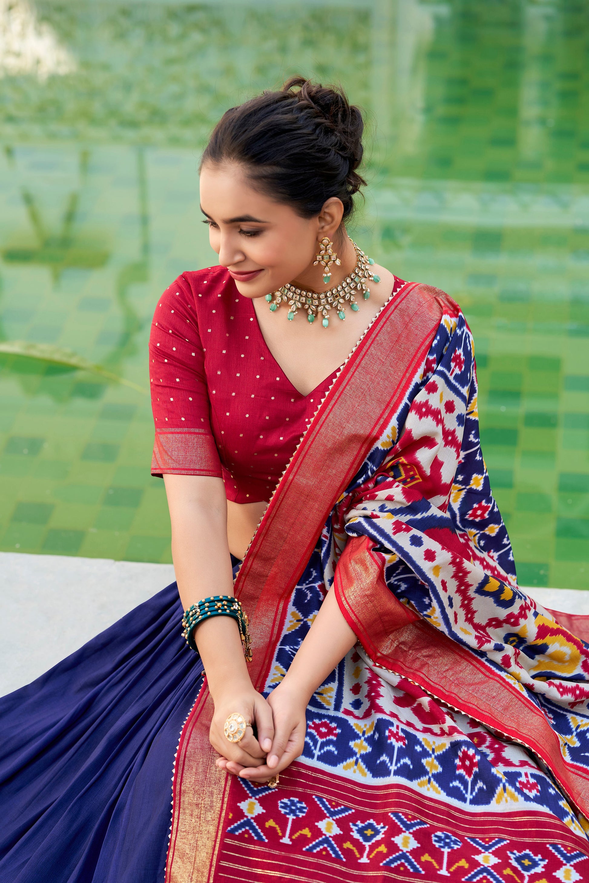Lorenvalley Navyblue Tussar Silk Patola Print With foil work Lehenga Choli | Swadesiicart