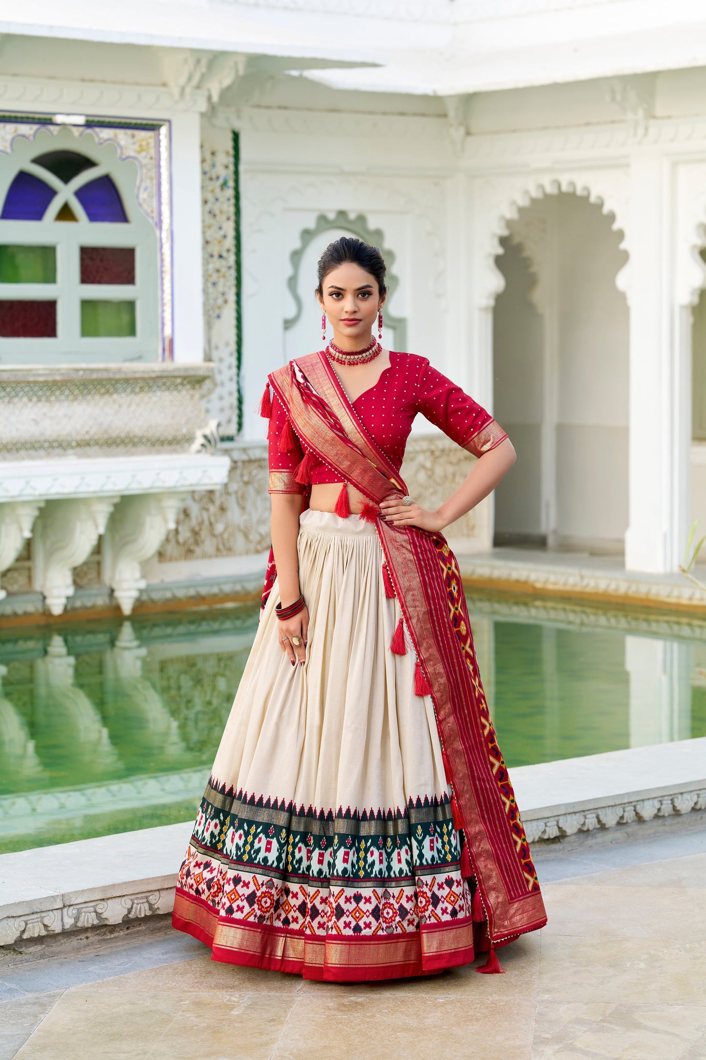 Lorenvalley Offwhite Tussar Silk Patola Print With foil work Lehenga Choli | Swadesiicart