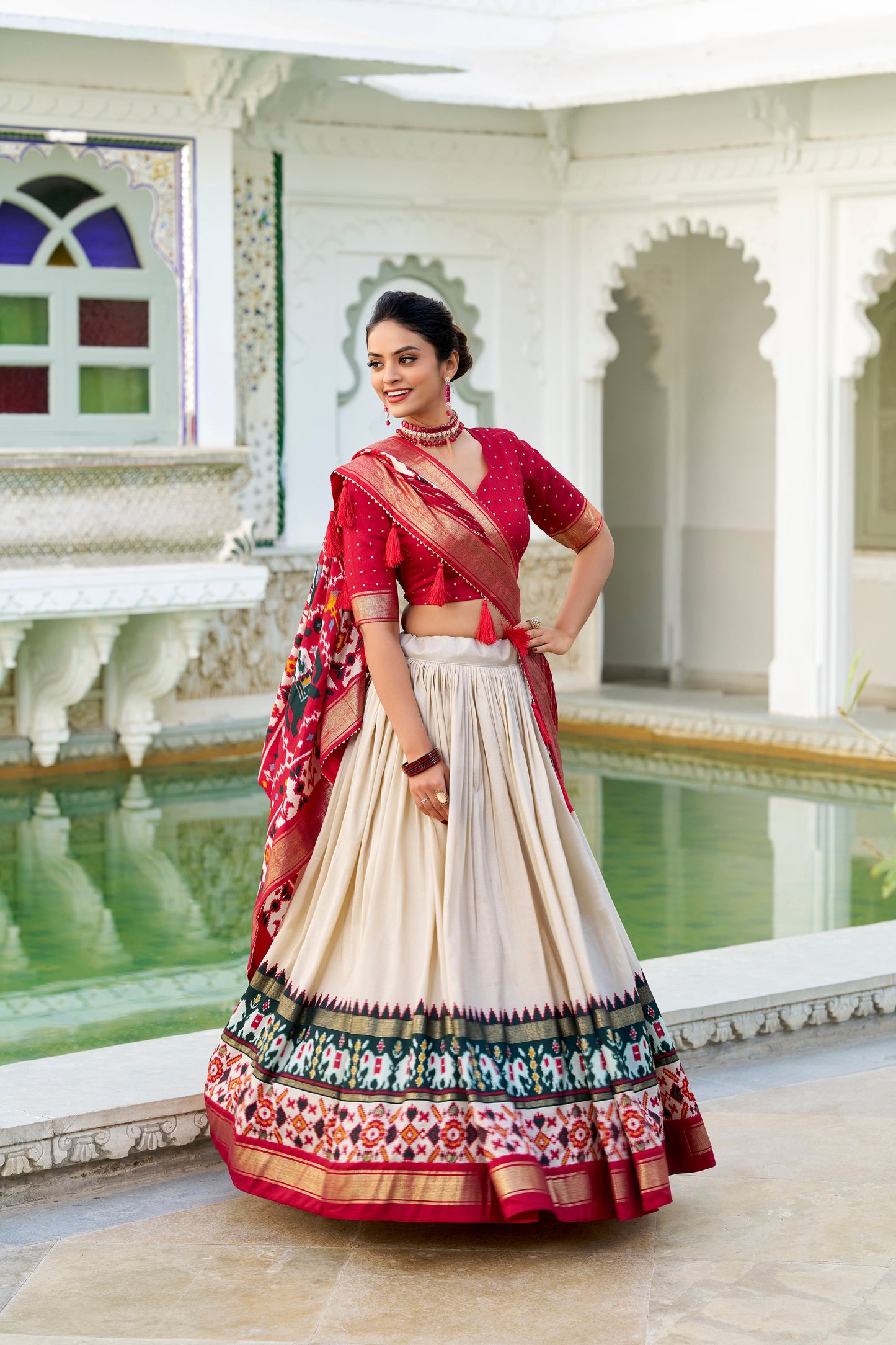 Lorenvalley Offwhite Tussar Silk Patola Print With foil work Lehenga Choli | Swadesiicart