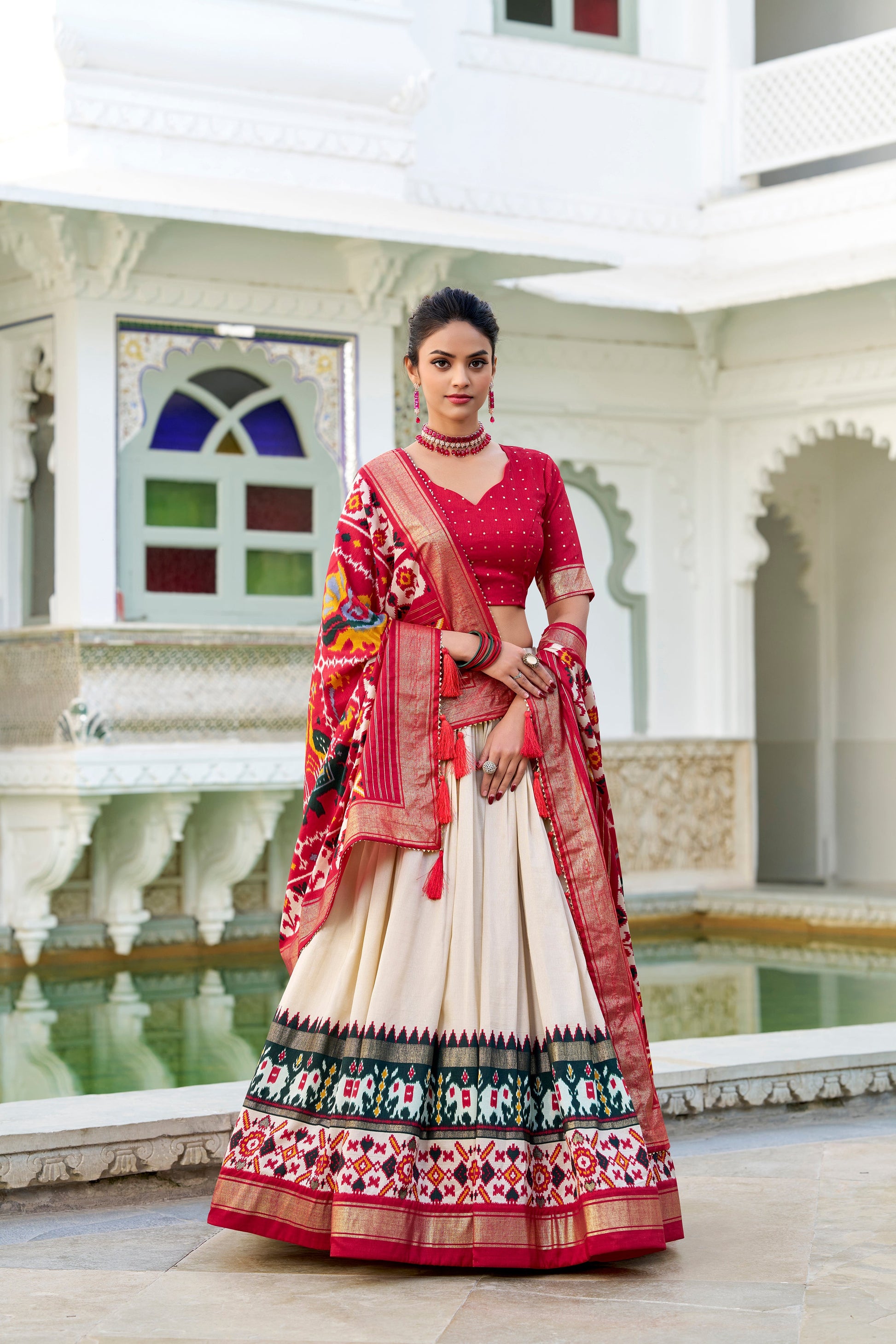 Lorenvalley Offwhite Tussar Silk Patola Print With foil work Lehenga Choli | Swadesiicart