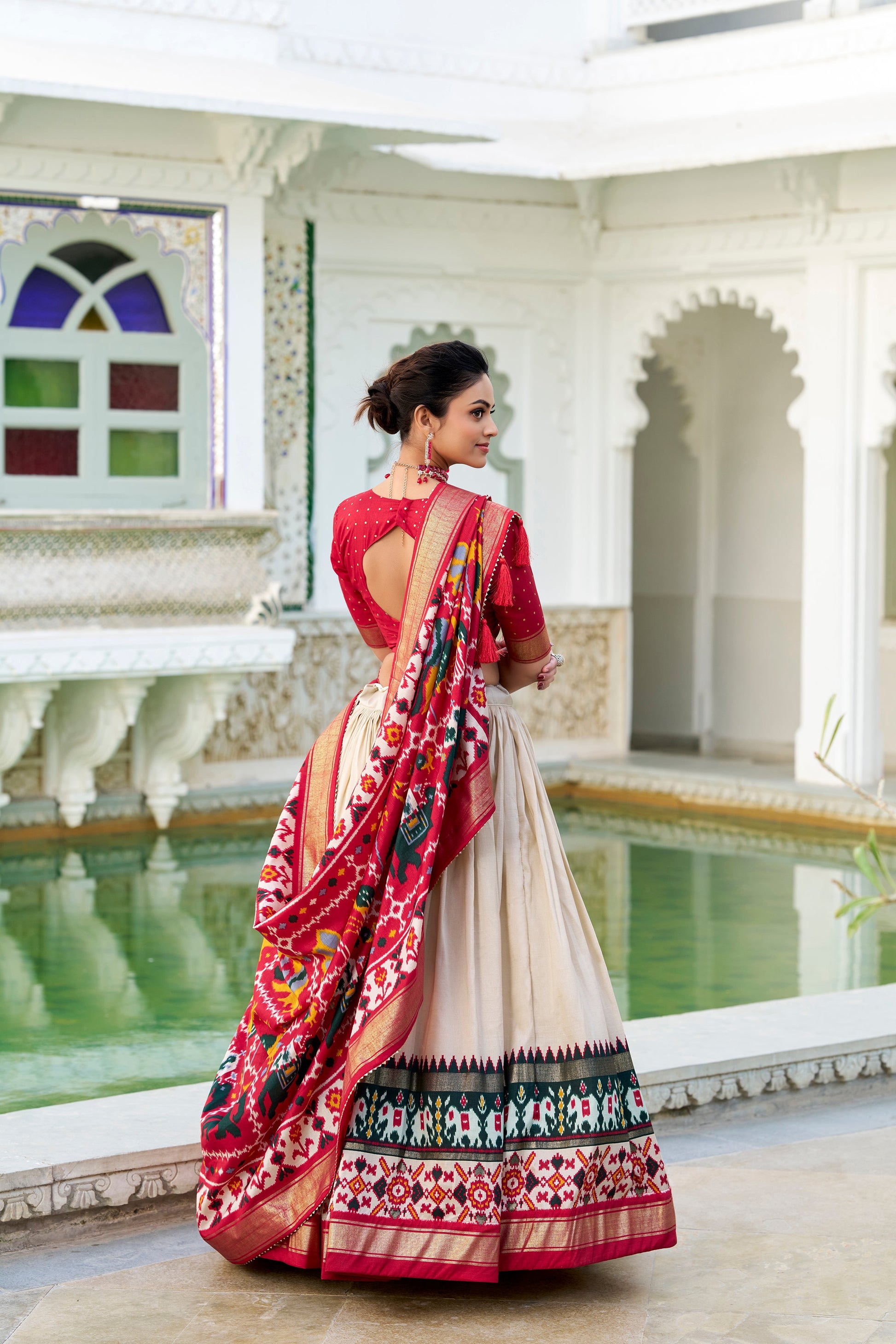 Lorenvalley Offwhite Tussar Silk Patola Print With foil work Lehenga Choli | Swadesiicart