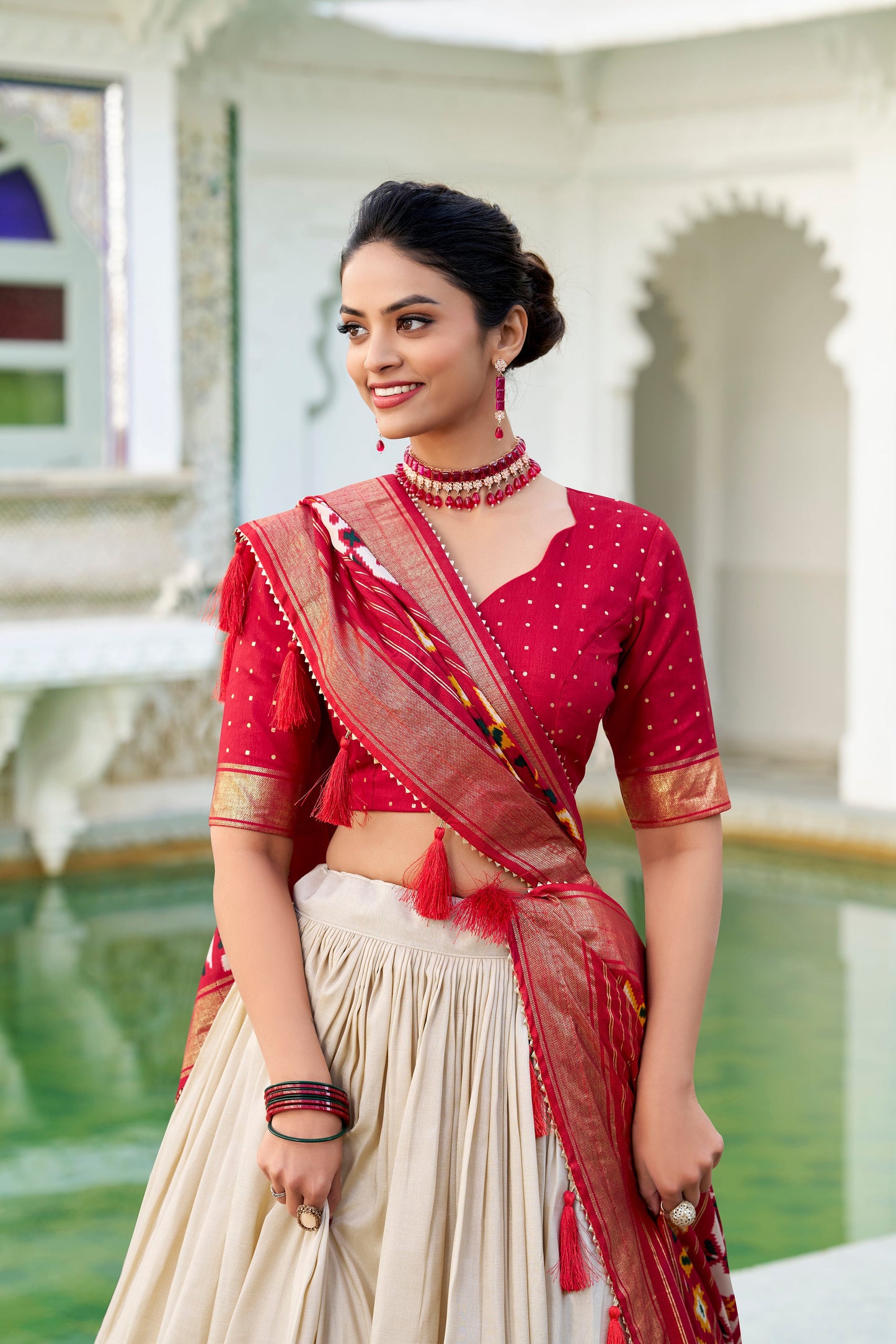 Lorenvalley Offwhite Tussar Silk Patola Print With foil work Lehenga Choli | Swadesiicart