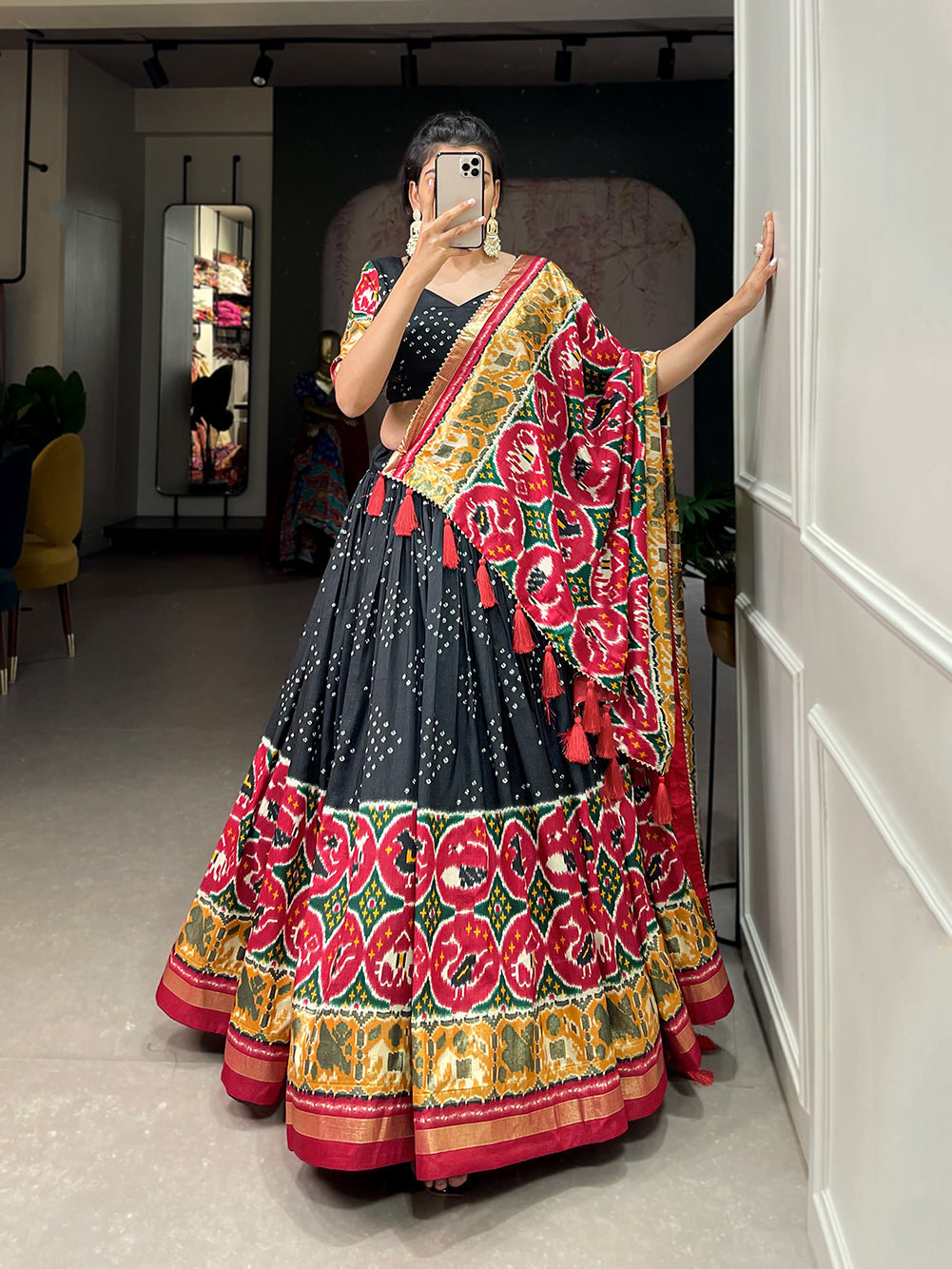 Lorenvalley Black Tussar Silk Patola Print With foil work Lehenga Choli with Dupatta | Swadesiicart