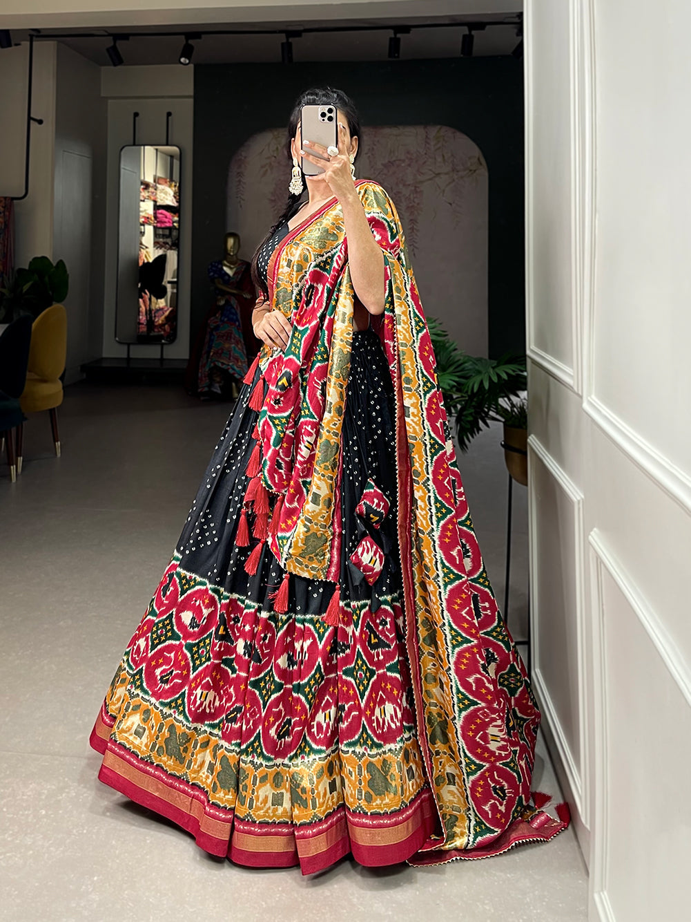 Lorenvalley Black Tussar Silk Patola Print With foil work Lehenga Choli with Dupatta | Swadesiicart