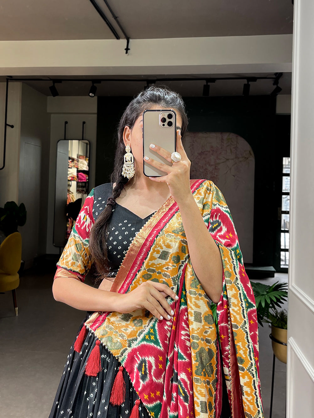 Lorenvalley Black Tussar Silk Patola Print With foil work Lehenga Choli with Dupatta | Swadesiicart