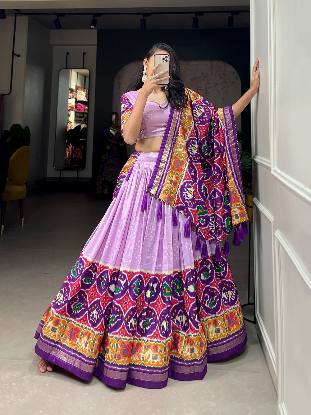 Lorenvalley Lavender Tussar Silk Patola Print With foil work Lehenga Choli with Dupatta | Swadesiicart
