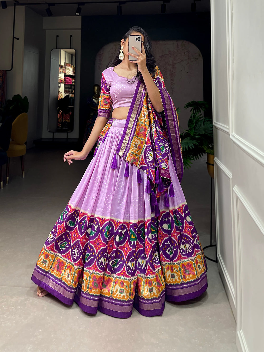 Lorenvalley Lavender Tussar Silk Patola Print With foil work Lehenga Choli with Dupatta | Swadesiicart