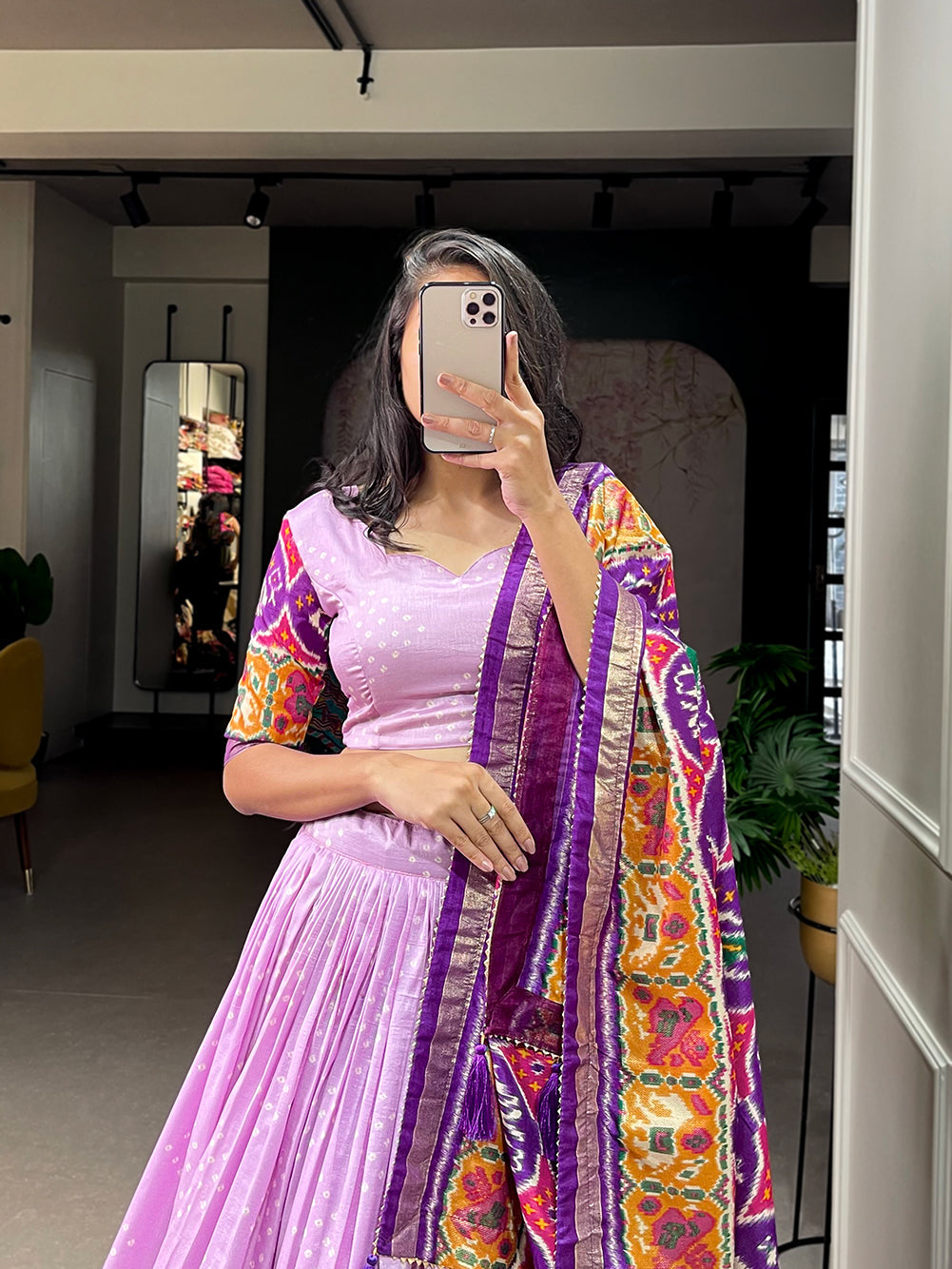 Lorenvalley Lavender Tussar Silk Patola Print With foil work Lehenga Choli with Dupatta | Swadesiicart