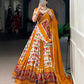 Lorenvalley Fashion Mustard Rayon with Printed Silk Patola Print with Gamthi Work and Lace Touch Up Lehenga Choli with Dupatta - Swadesiicart