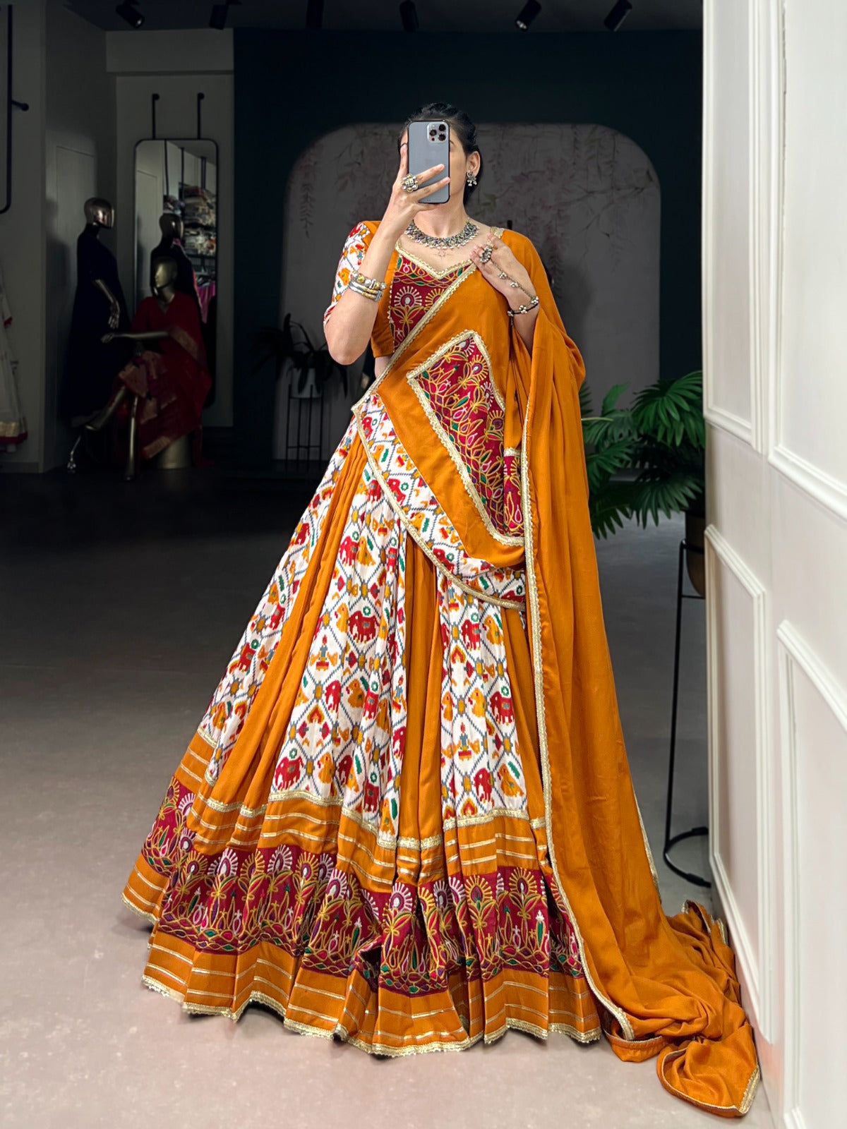 Lorenvalley Fashion Mustard Rayon with Printed Silk Patola Print with Gamthi Work and Lace Touch Up Lehenga Choli with Dupatta - Swadesiicart