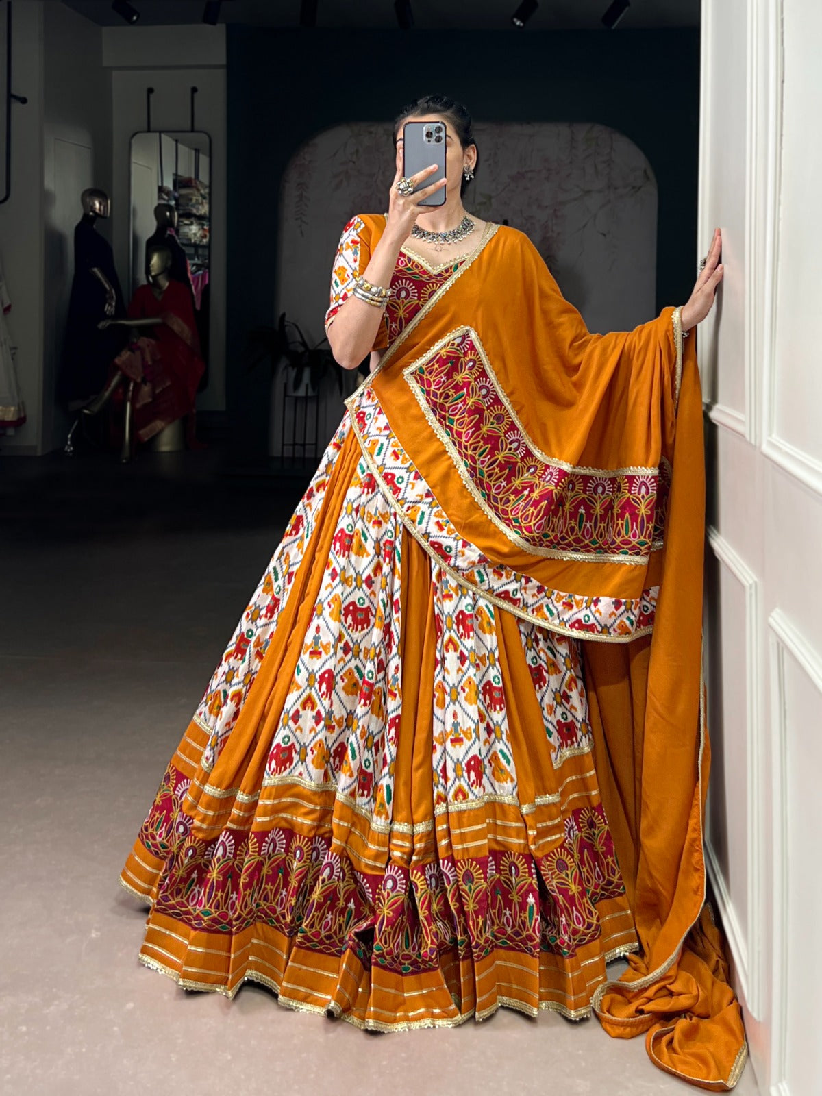 Lorenvalley Fashion Mustard Rayon with Printed Silk Patola Print with Gamthi Work and Lace Touch Up Lehenga Choli with Dupatta - Swadesiicart