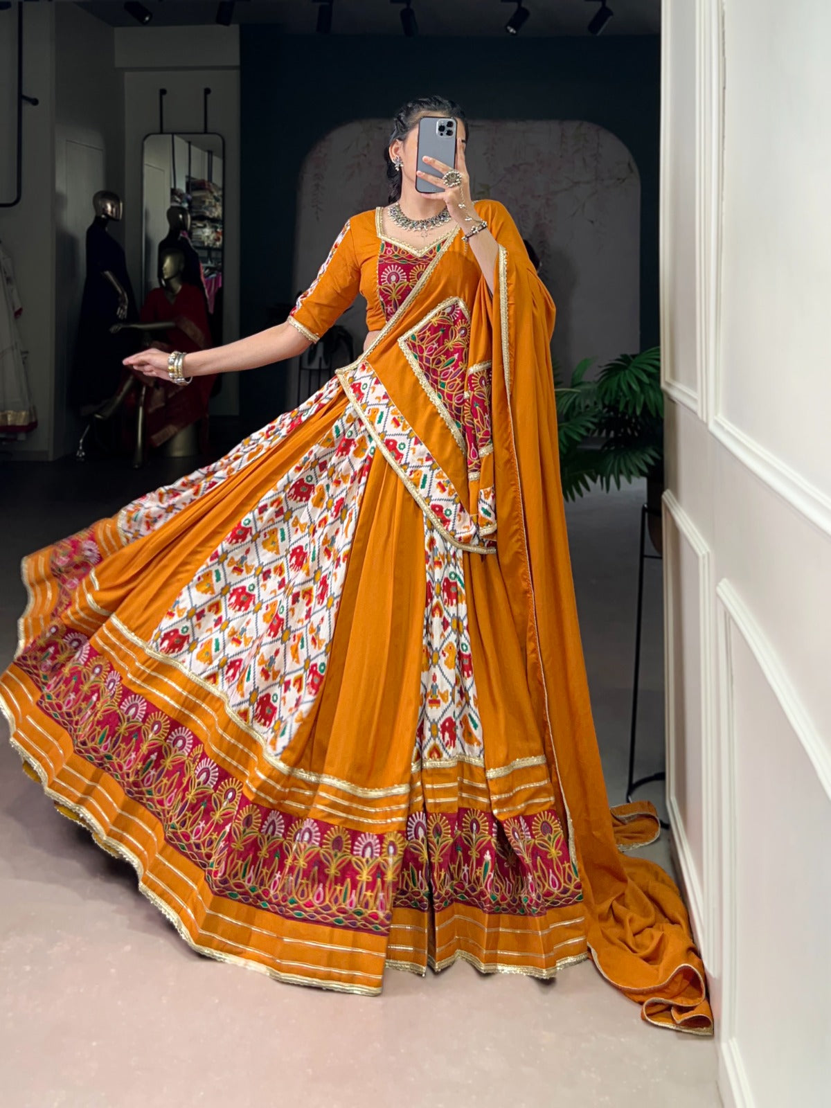 Lorenvalley Fashion Mustard Rayon with Printed Silk Patola Print with Gamthi Work and Lace Touch Up Lehenga Choli with Dupatta - Swadesiicart