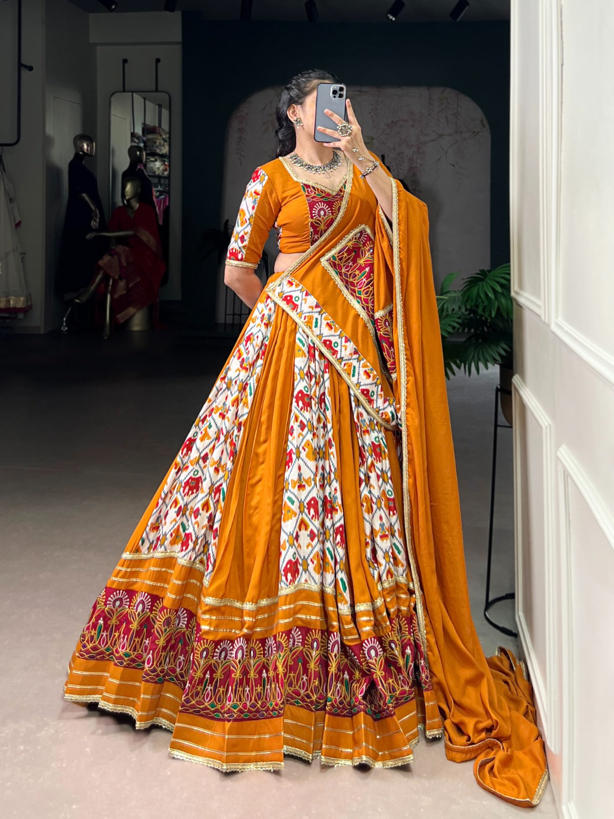 Lorenvalley Fashion Mustard Rayon with Printed Silk Patola Print with Gamthi Work and Lace Touch Up Lehenga Choli with Dupatta - Swadesiicart
