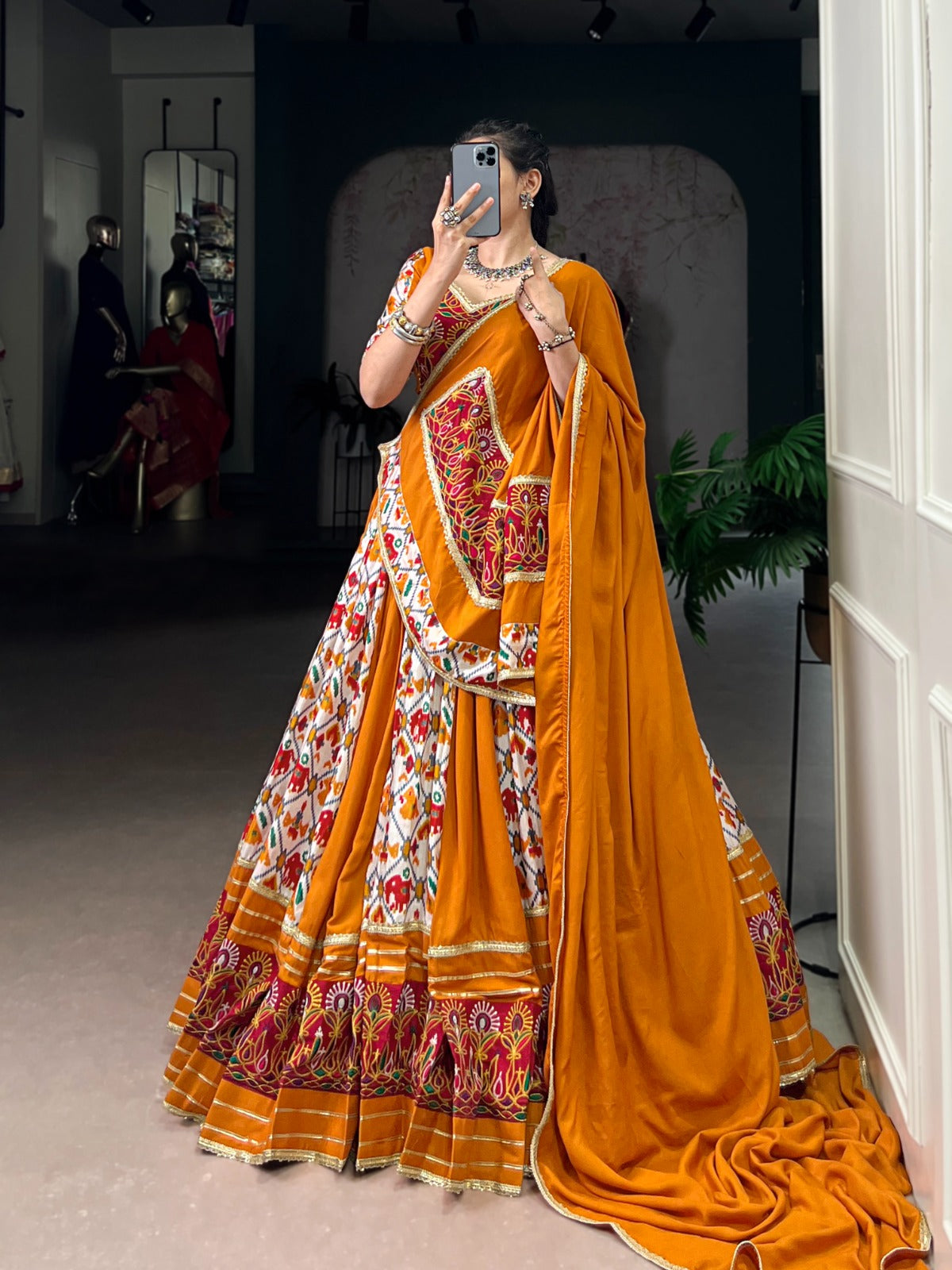 Lorenvalley Fashion Mustard Rayon with Printed Silk Patola Print with Gamthi Work and Lace Touch Up Lehenga Choli with Dupatta - Swadesiicart