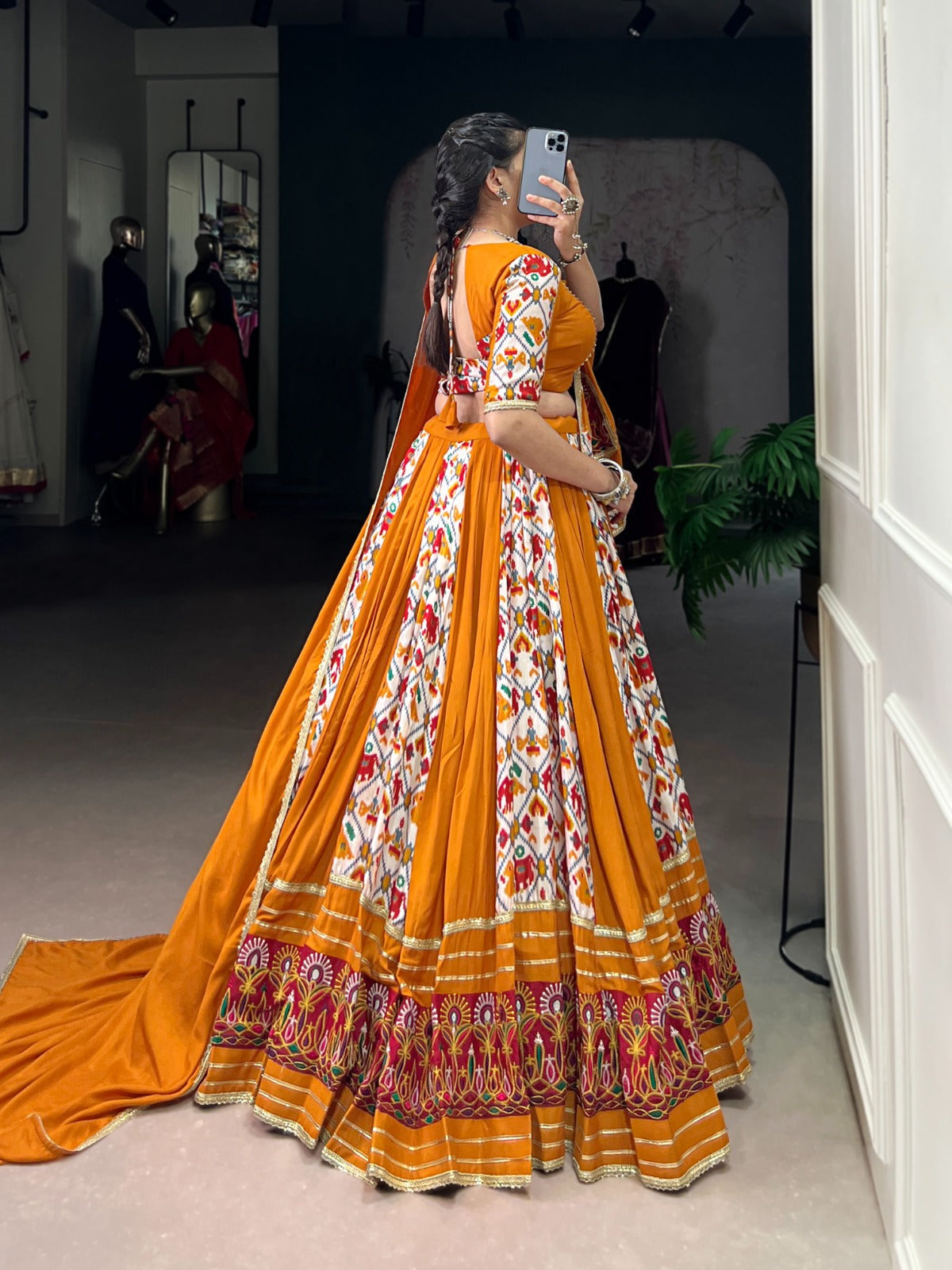 Lorenvalley Fashion Mustard Rayon with Printed Silk Patola Print with Gamthi Work and Lace Touch Up Lehenga Choli with Dupatta - Swadesiicart