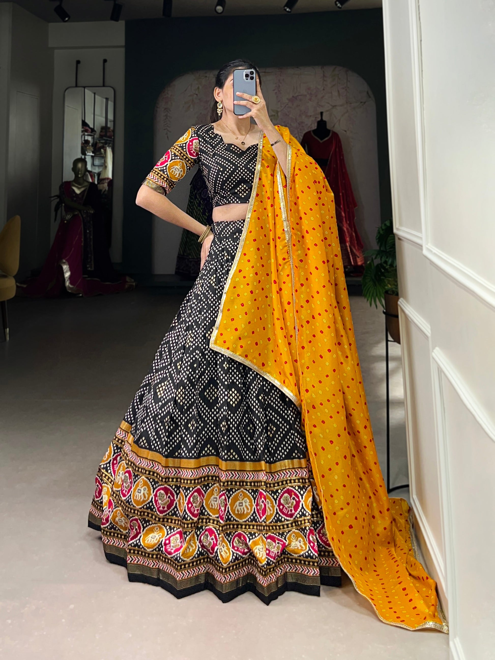 Lorenvalley Black Tussar Silk Bandhej and Patola Print with Foil Work Lehenga Choli with Dupatta | Swadesiicart