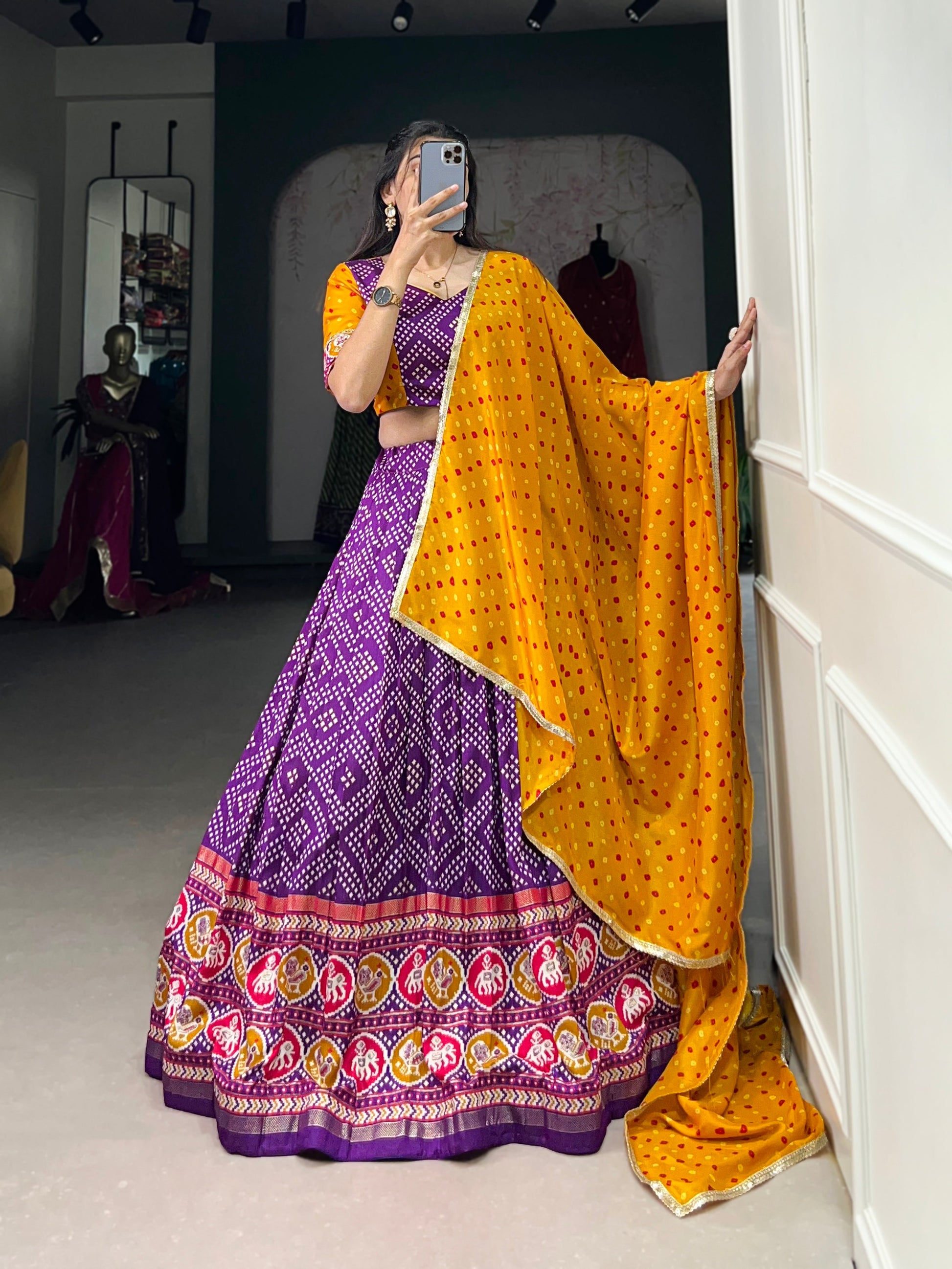 Lorenvalley Purple Tussar Silk Bandhej and Patola Print with Foil Work Lehenga Choli with Dupatta | Swadesiicart