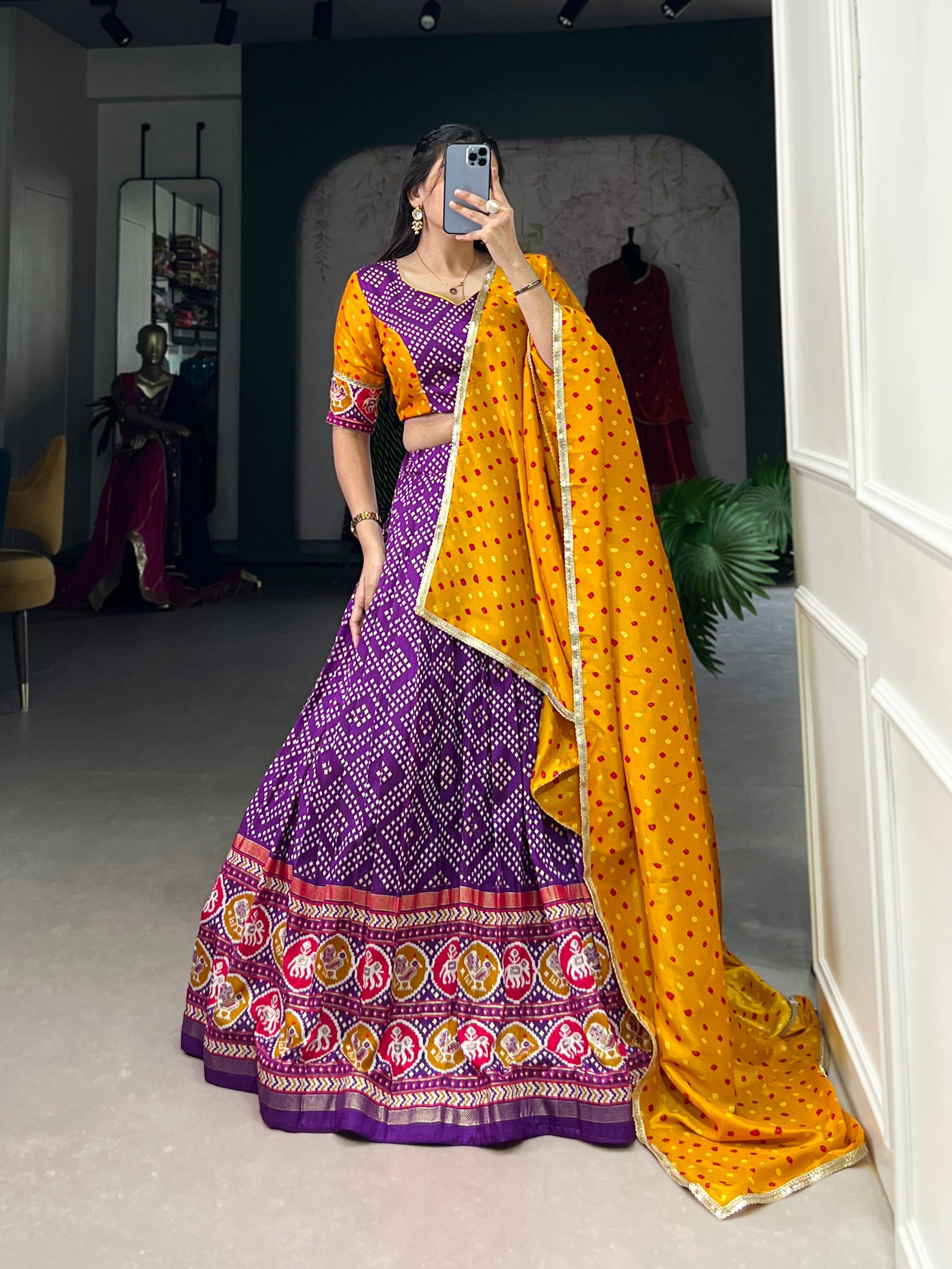 Lorenvalley Purple Tussar Silk Bandhej and Patola Print with Foil Work Lehenga Choli with Dupatta | Swadesiicart