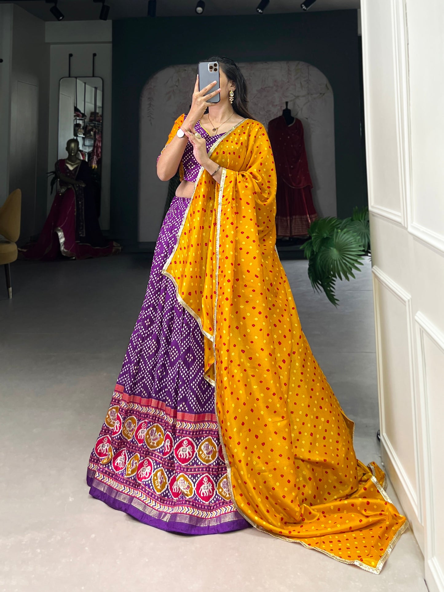 Lorenvalley Purple Tussar Silk Bandhej and Patola Print with Foil Work Lehenga Choli with Dupatta | Swadesiicart