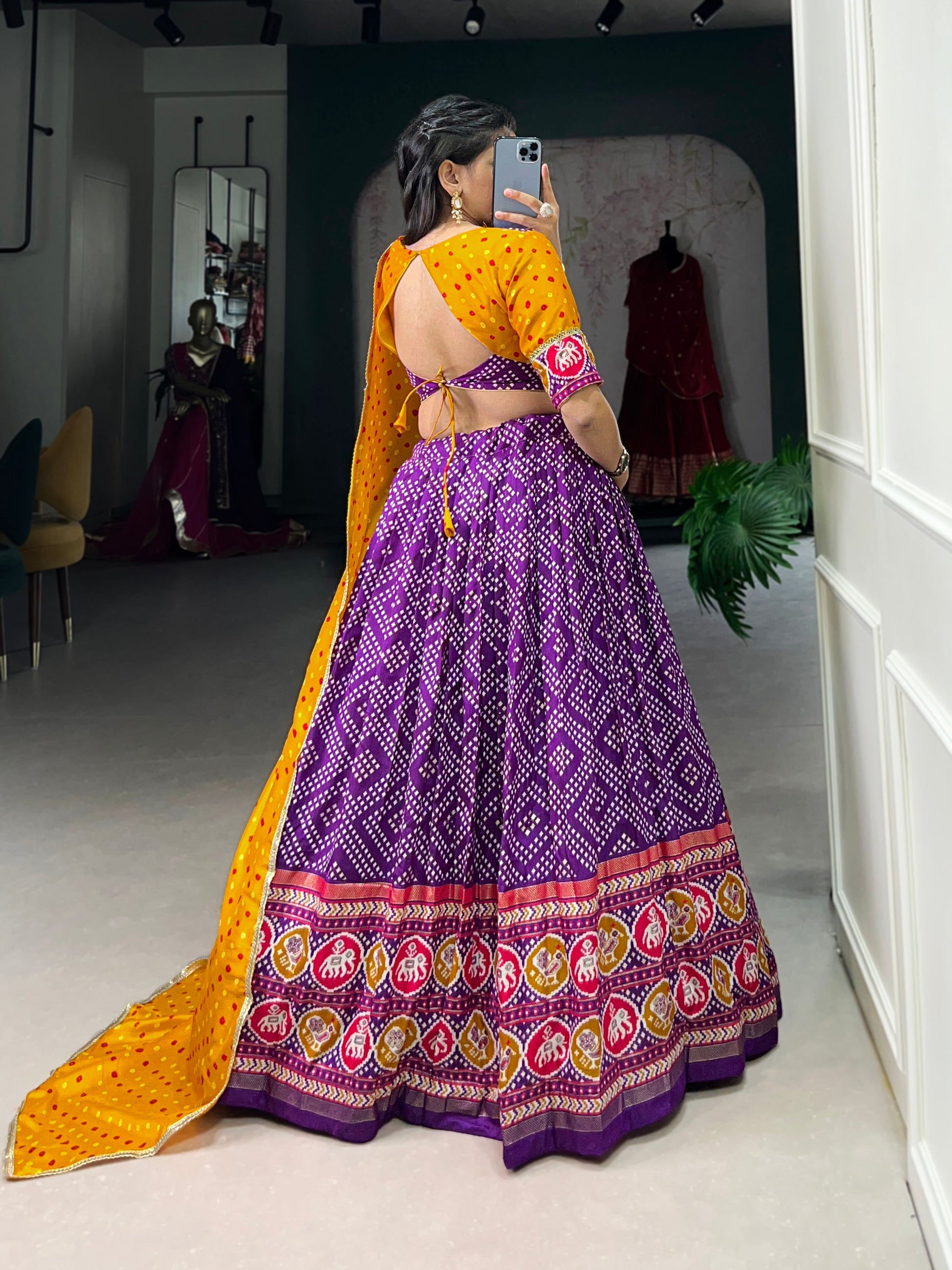 Lorenvalley Purple Tussar Silk Bandhej and Patola Print with Foil Work Lehenga Choli with Dupatta | Swadesiicart