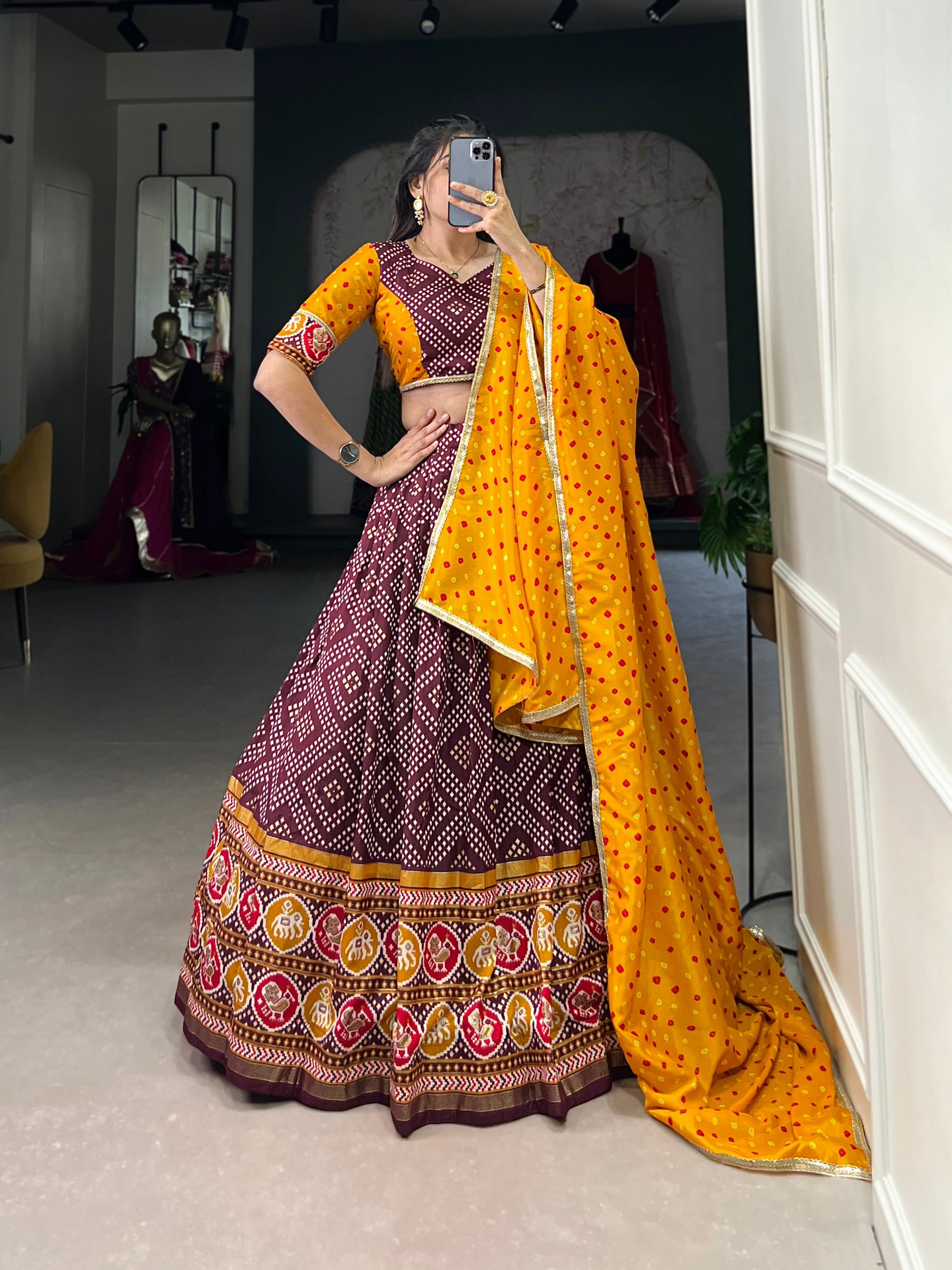 Lorenvalley Wine Tussar Silk Bandhej and Patola Print with Foil Work Lehenga Choli with Dupatta | Swadesiicart