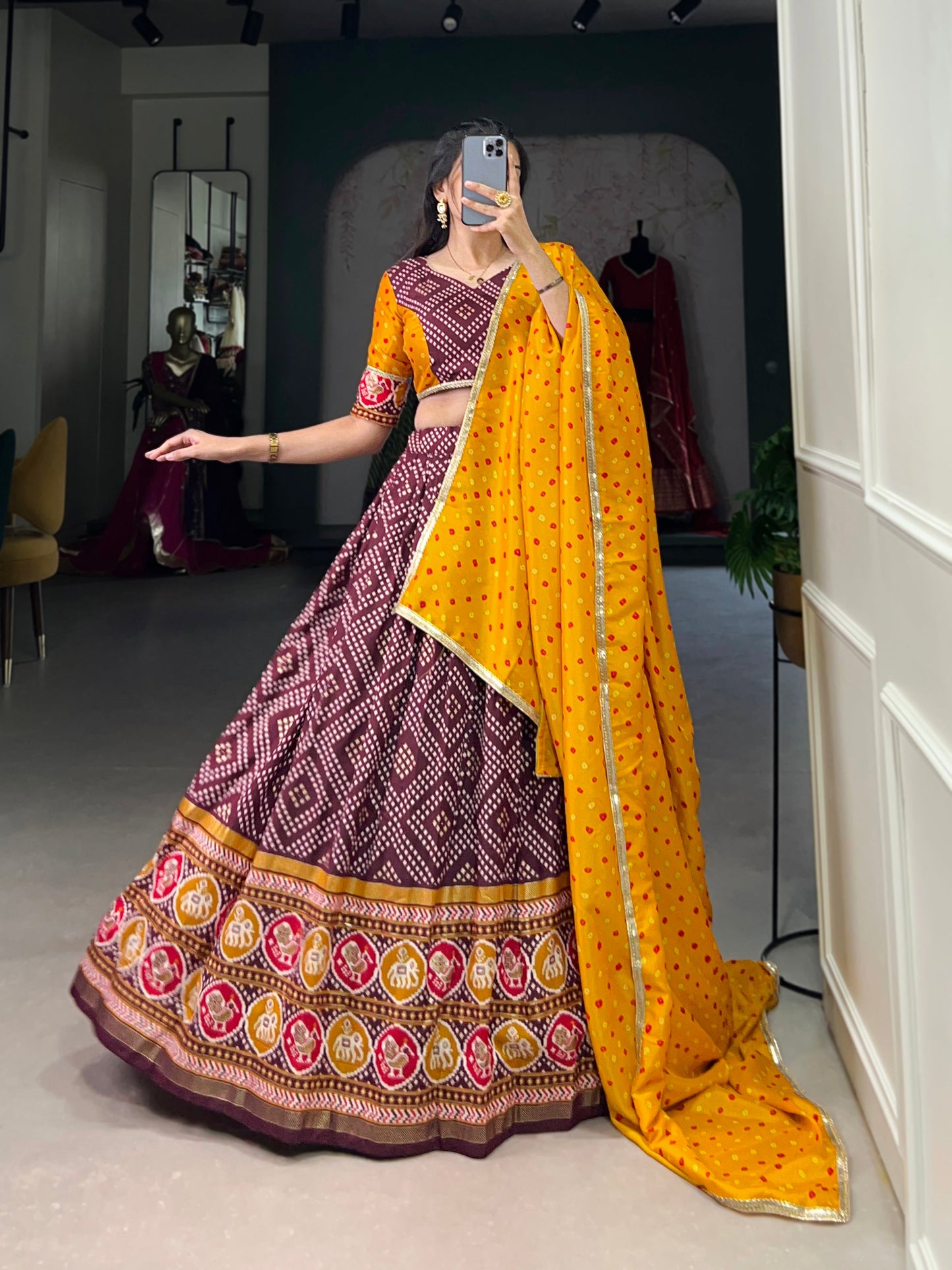 Lorenvalley Wine Tussar Silk Bandhej and Patola Print with Foil Work Lehenga Choli with Dupatta | Swadesiicart