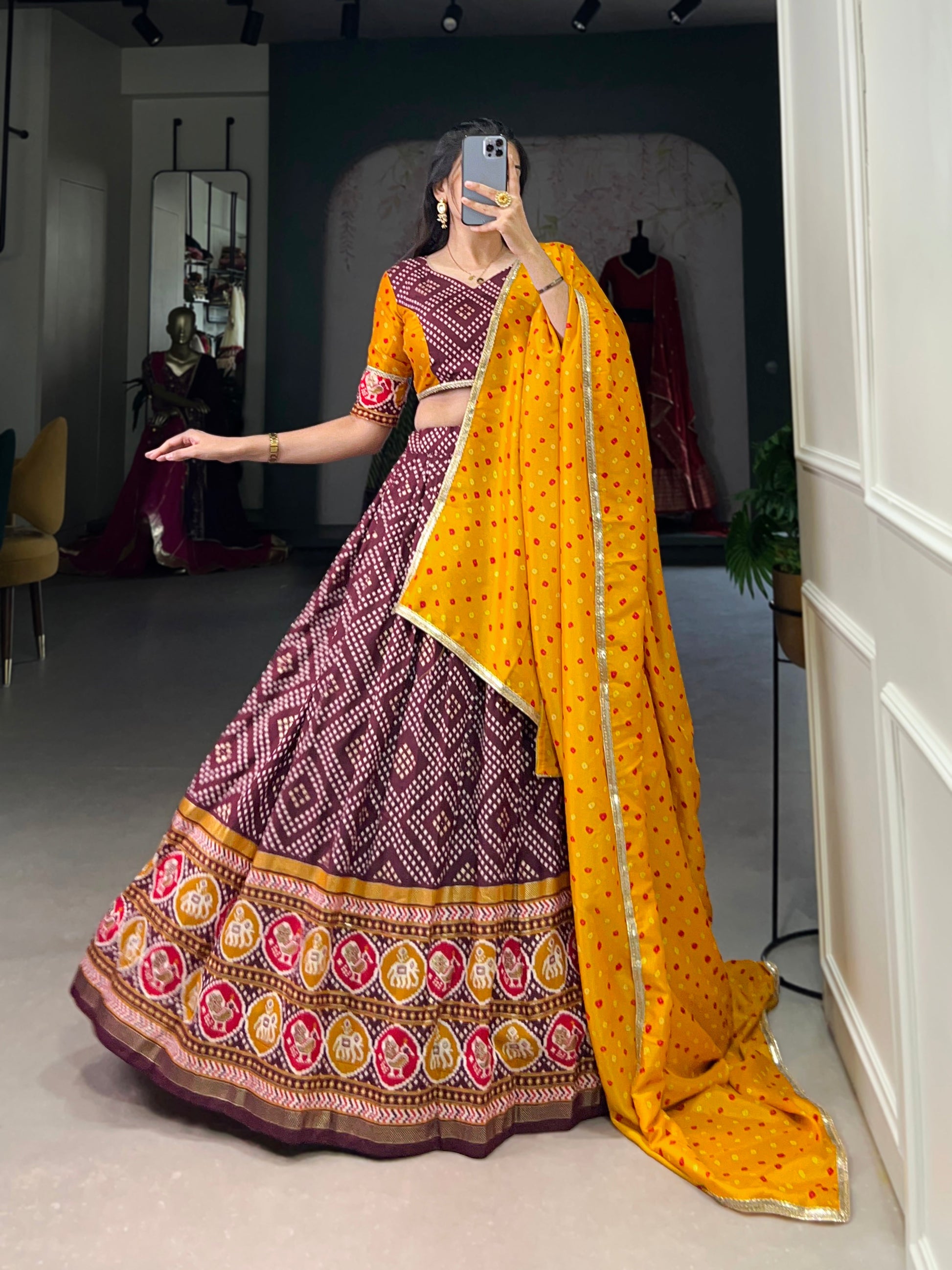 Lorenvalley Wine Tussar Silk Bandhej and Patola Print with Foil Work Lehenga Choli with Dupatta | Swadesiicart