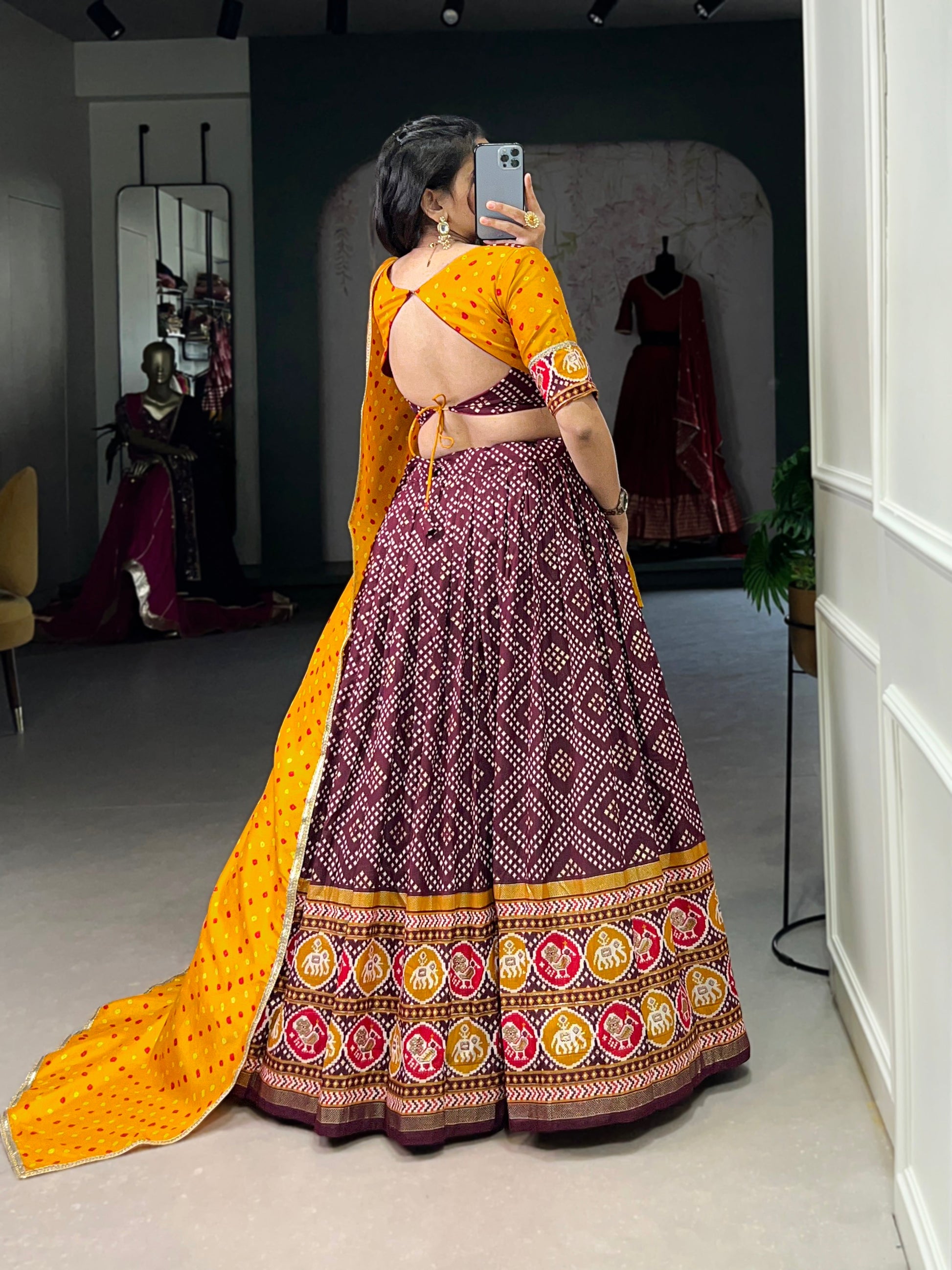 Lorenvalley Wine Tussar Silk Bandhej and Patola Print with Foil Work Lehenga Choli with Dupatta | Swadesiicart