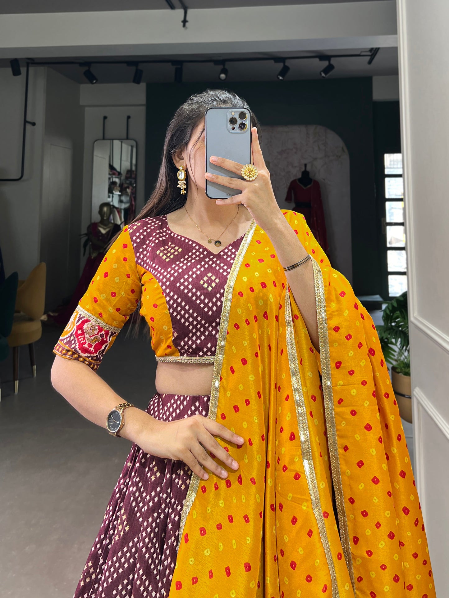 Lorenvalley Wine Tussar Silk Bandhej and Patola Print with Foil Work Lehenga Choli with Dupatta | Swadesiicart