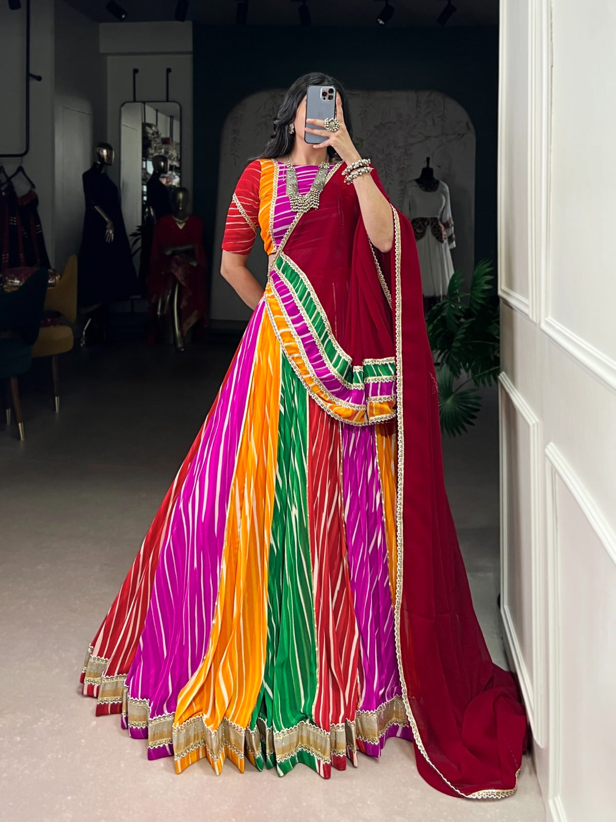 Lorenvalley Fashion Multicolor Georgette Leheriya Print with Embossed Design Lace Touch Up Lehenga Choli with Dupatta | Swadesiicart