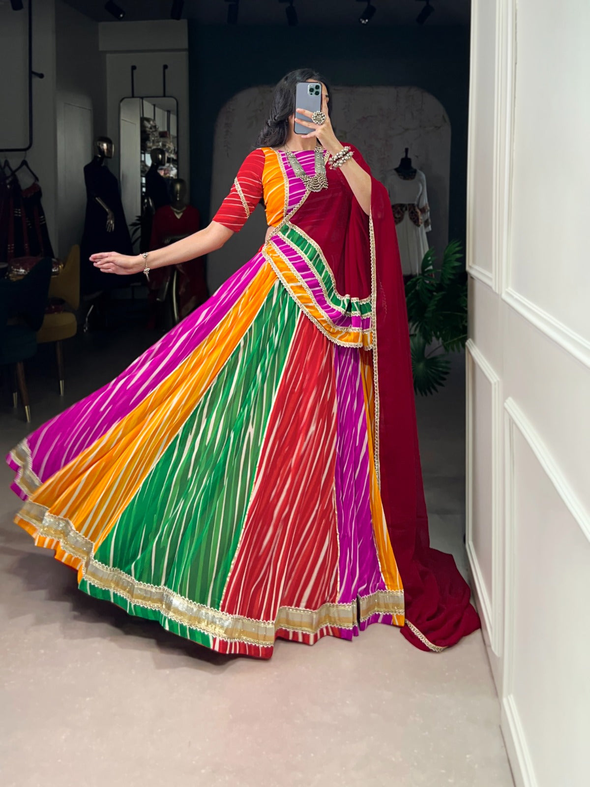 Lorenvalley Fashion Multicolor Georgette Leheriya Print with Embossed Design Lace Touch Up Lehenga Choli with Dupatta | Swadesiicart
