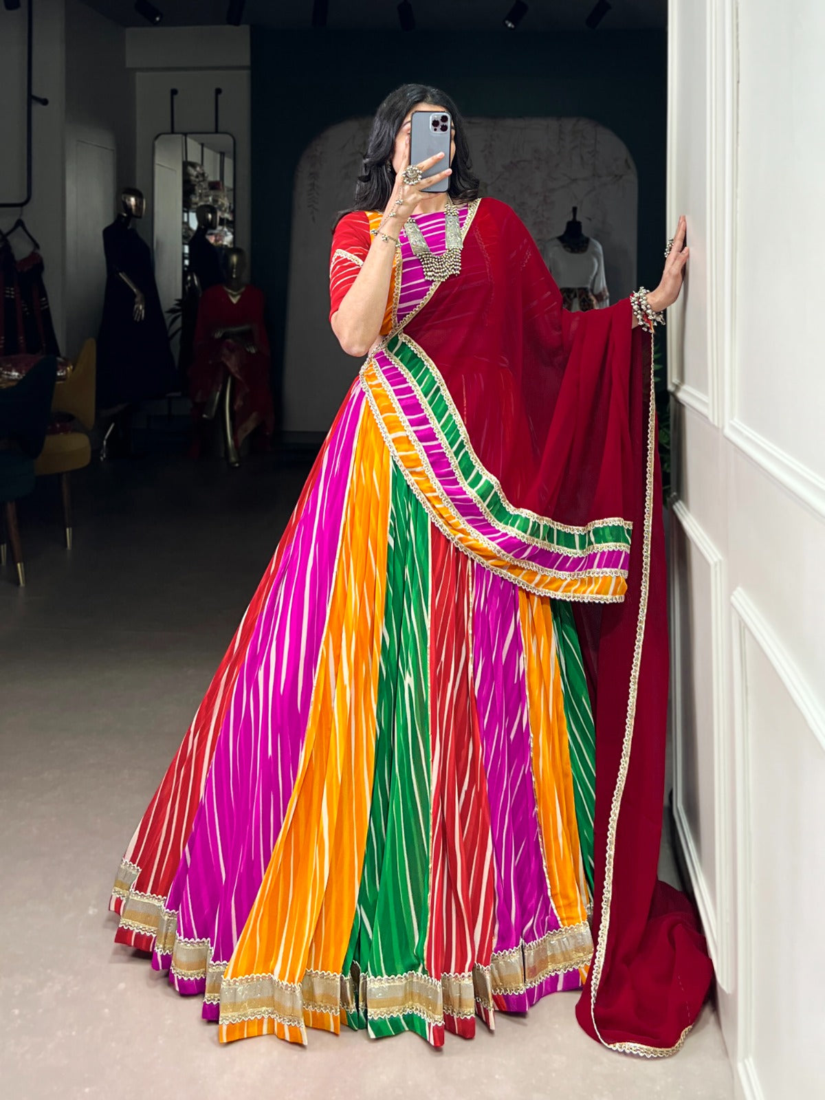 Lorenvalley Fashion Multicolor Georgette Leheriya Print with Embossed Design Lace Touch Up Lehenga Choli with Dupatta | Swadesiicart