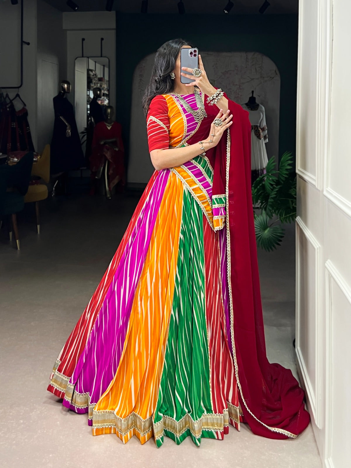 Lorenvalley Fashion Multicolor Georgette Leheriya Print with Embossed Design Lace Touch Up Lehenga Choli with Dupatta | Swadesiicart
